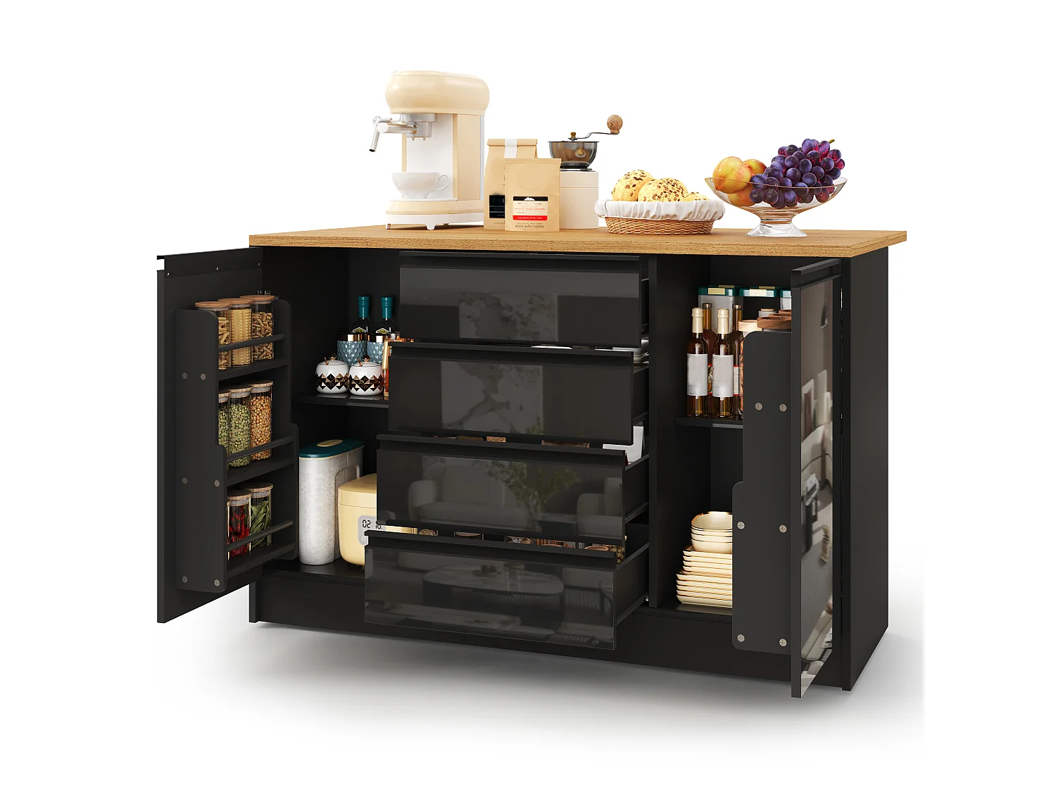 Mobil köksö - hopfällbart matbord - med 2 dörrar och 4 lådor - högblank panel - modern stil - svart