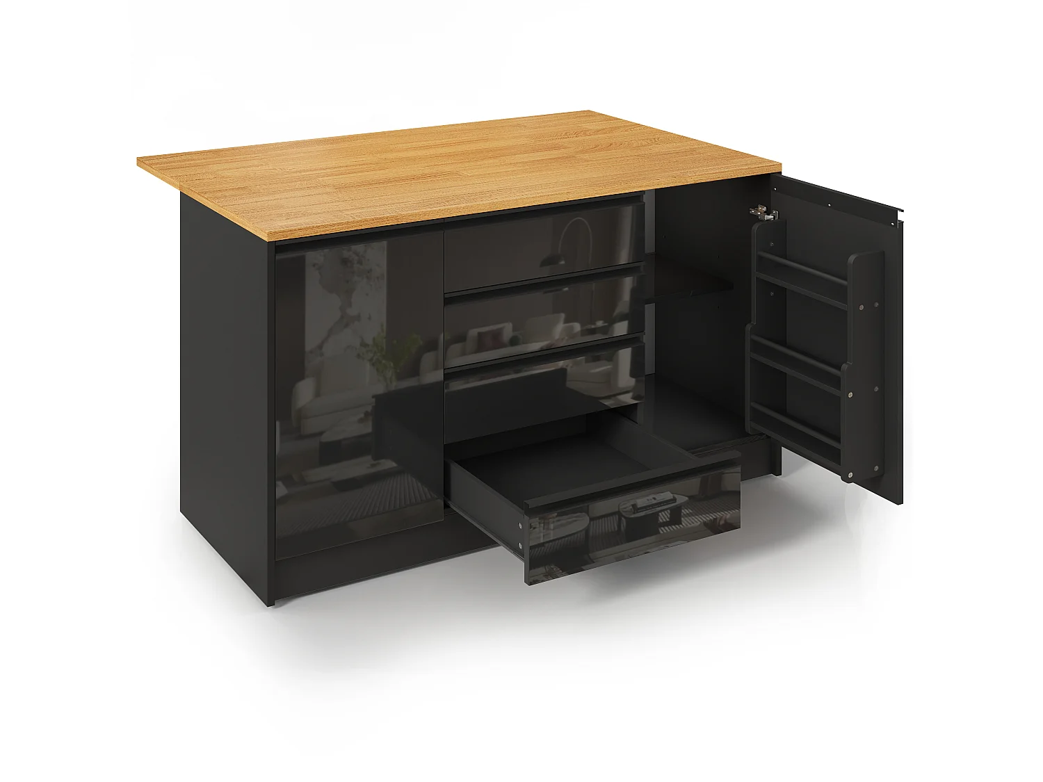 Mobil köksö - hopfällbart matbord - med 2 dörrar och 4 lådor - högblank panel - modern stil - svart