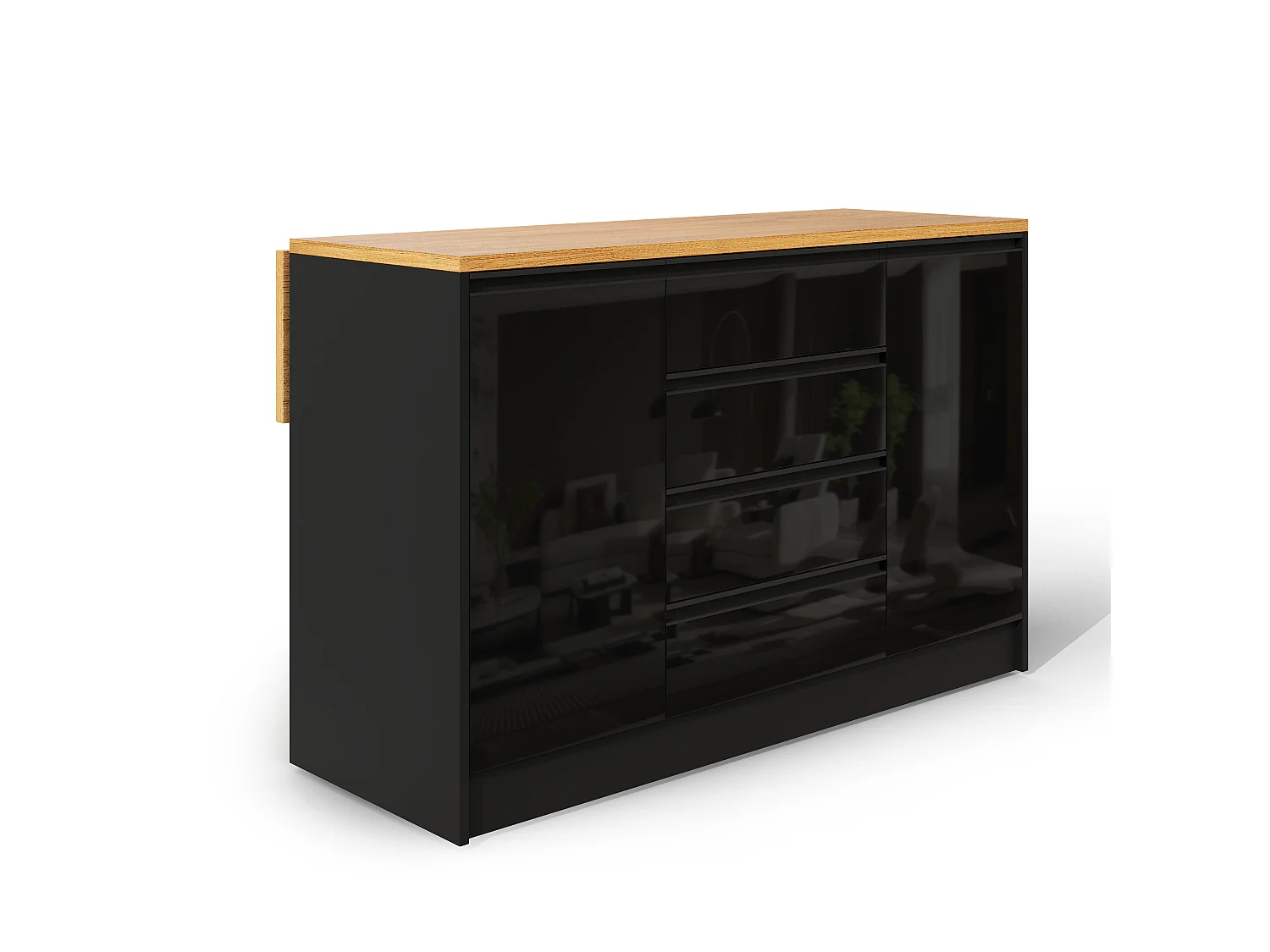 Mobil köksö - hopfällbart matbord - med 2 dörrar och 4 lådor - högblank panel - modern stil - svart
