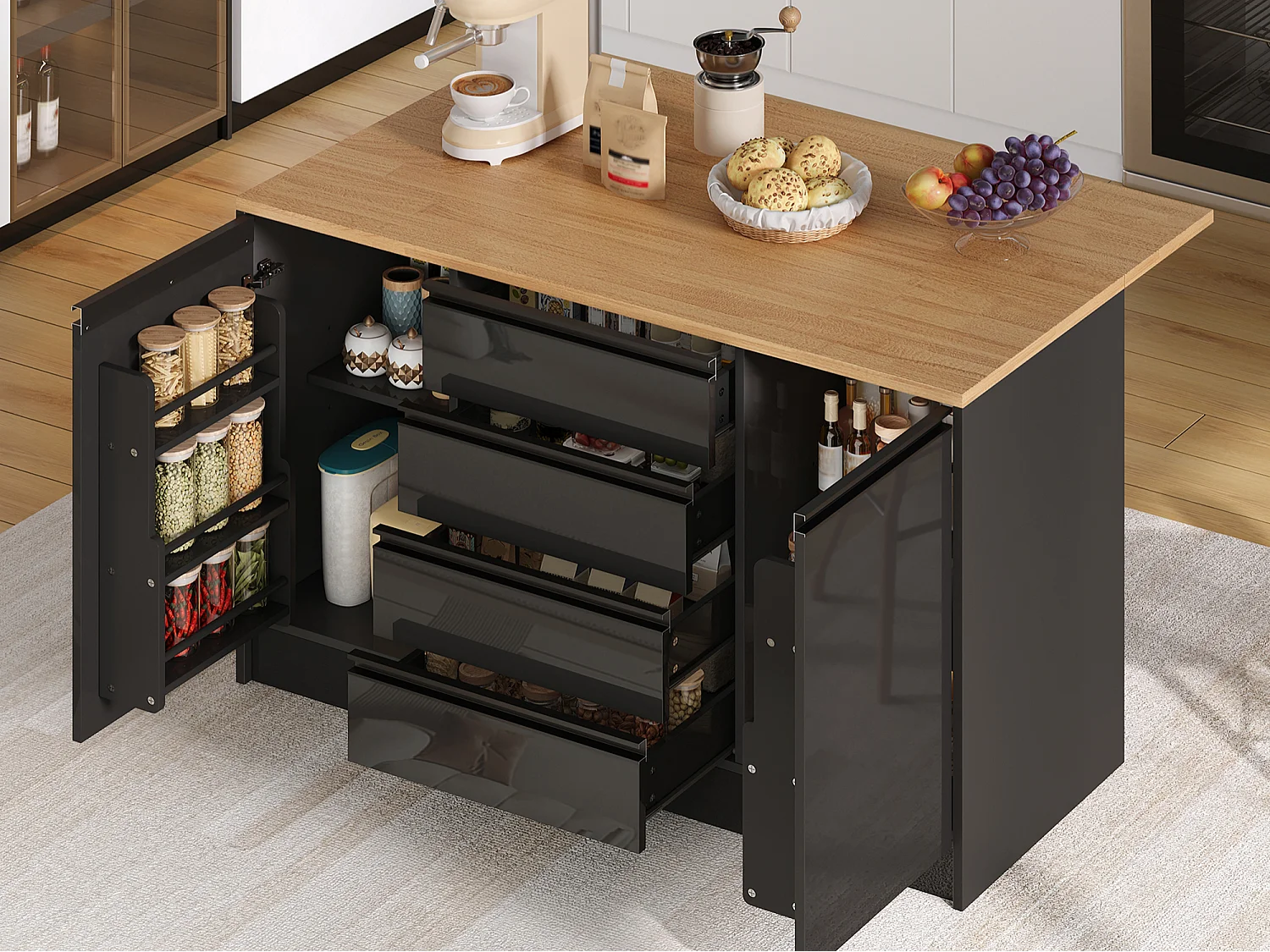 Mobil köksö - hopfällbart matbord - med 2 dörrar och 4 lådor - högblank panel - modern stil - svart