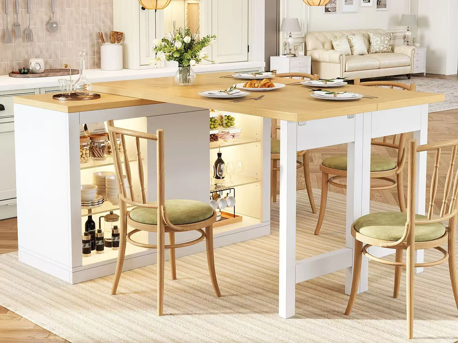 Îlot Central de Cuisine Pivotant à 360° et Extensible 120-197cm, Table de Bar avec Étagères en Verre et Éclairage LED - Blanc