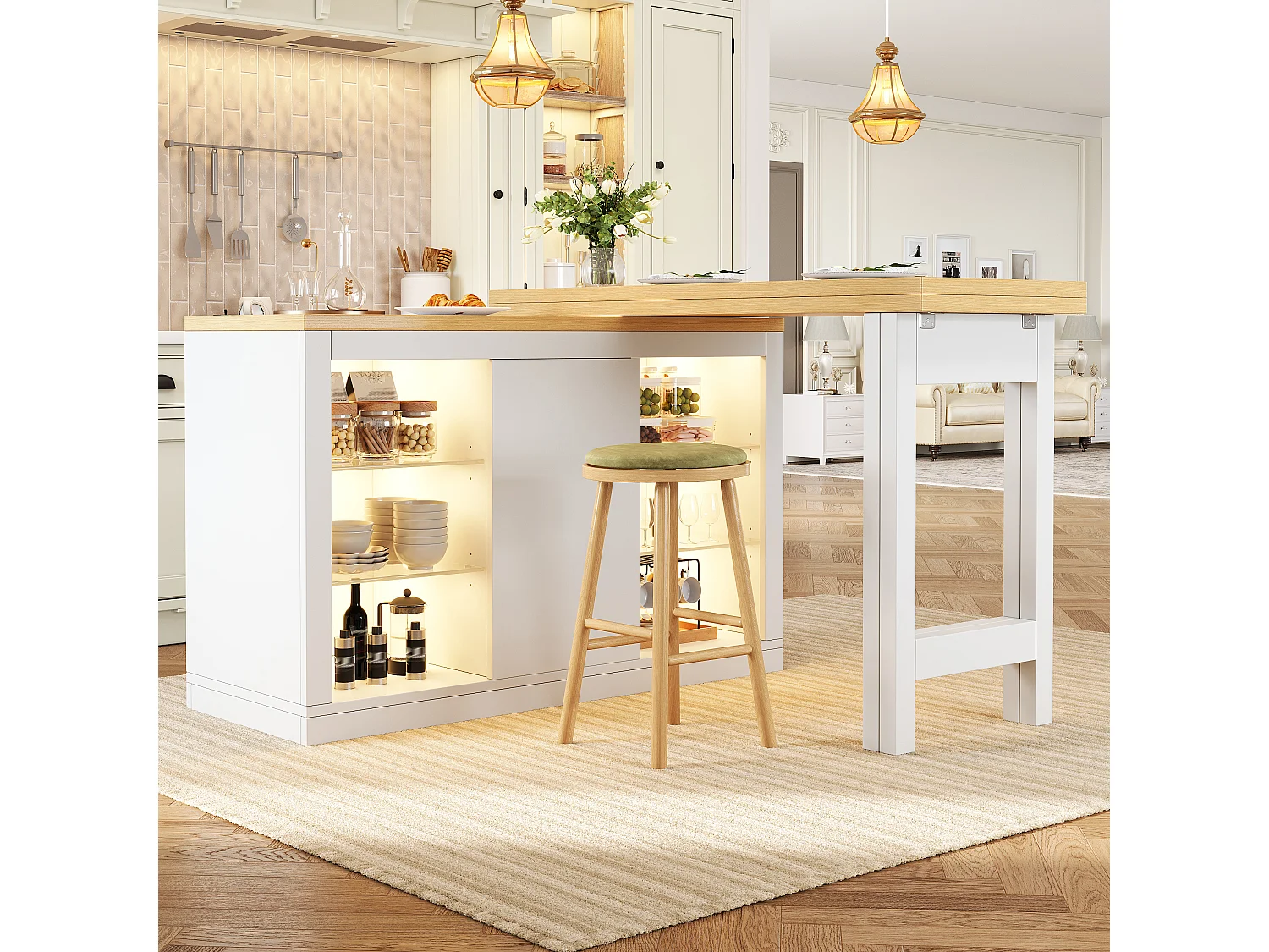 Îlot Central de Cuisine Pivotant à 360° et Extensible 120-197cm, Table de Bar avec Étagères en Verre et Éclairage LED - Blanc