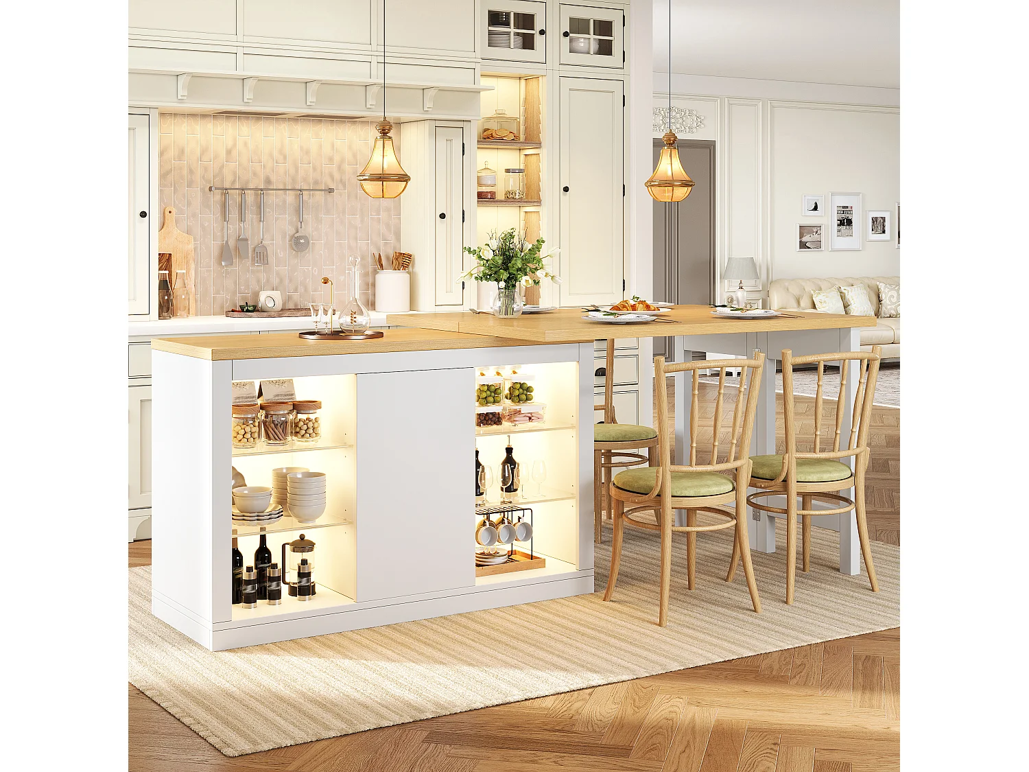 Îlot Central de Cuisine Pivotant à 360° et Extensible 120-197cm, Table de Bar avec Étagères en Verre et Éclairage LED - Blanc