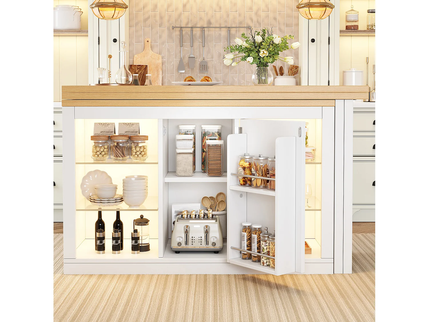 Îlot Central de Cuisine Pivotant à 360° et Extensible 120-197cm, Table de Bar avec Étagères en Verre et Éclairage LED - Blanc