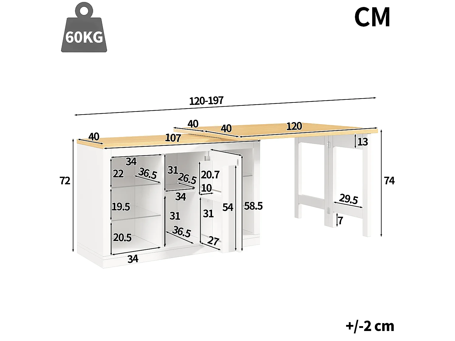 Îlot Central de Cuisine Pivotant à 360° et Extensible 120-197cm, Table de Bar avec Étagères en Verre et Éclairage LED - Blanc