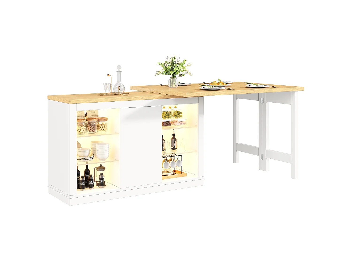 Îlot Central de Cuisine Pivotant à 360° et Extensible 120-197cm, Table de Bar avec Étagères en Verre et Éclairage LED - Blanc
