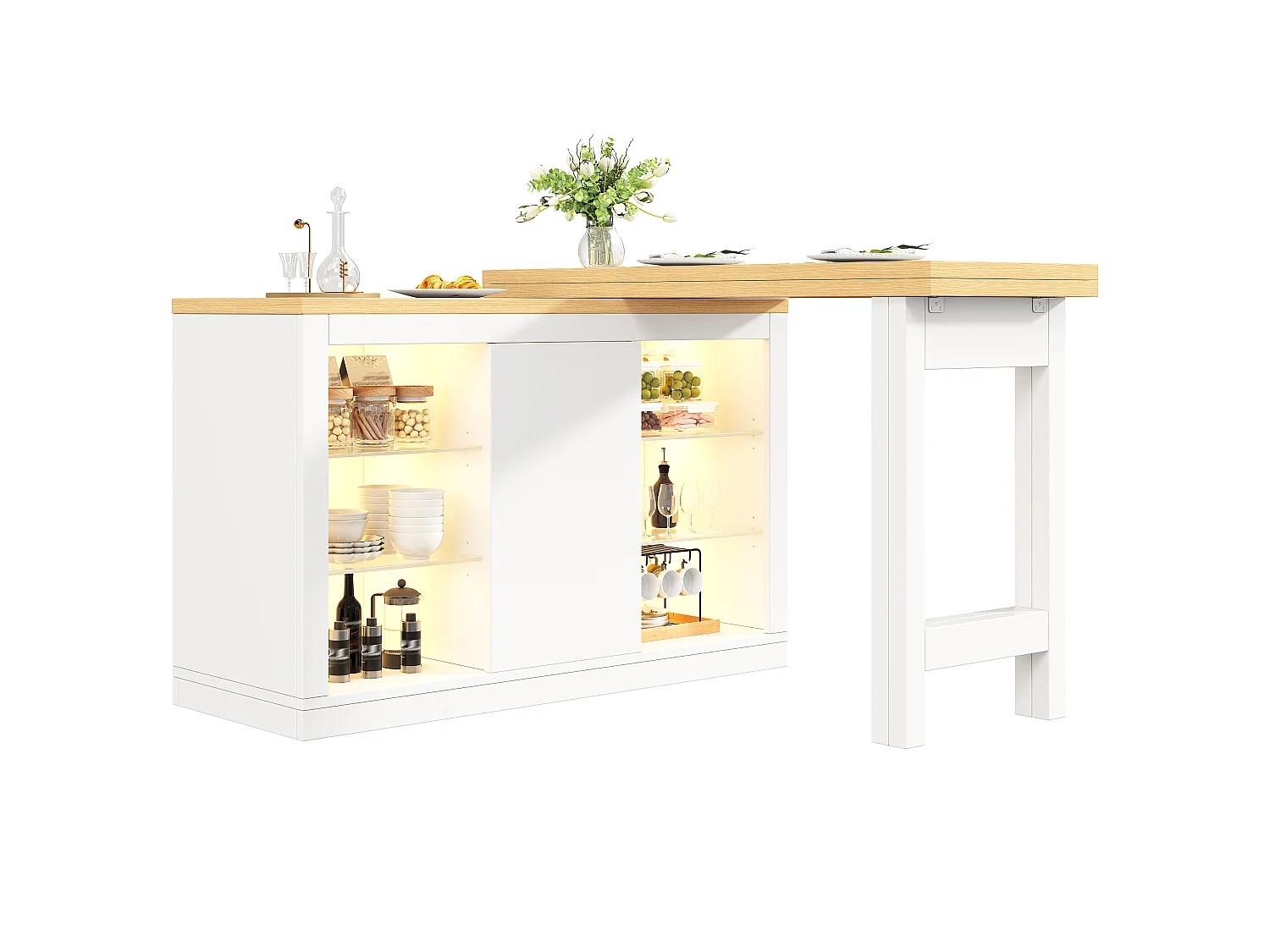 Îlot Central de Cuisine Pivotant à 360° et Extensible 120-197cm, Table de Bar avec Étagères en Verre et Éclairage LED - Blanc