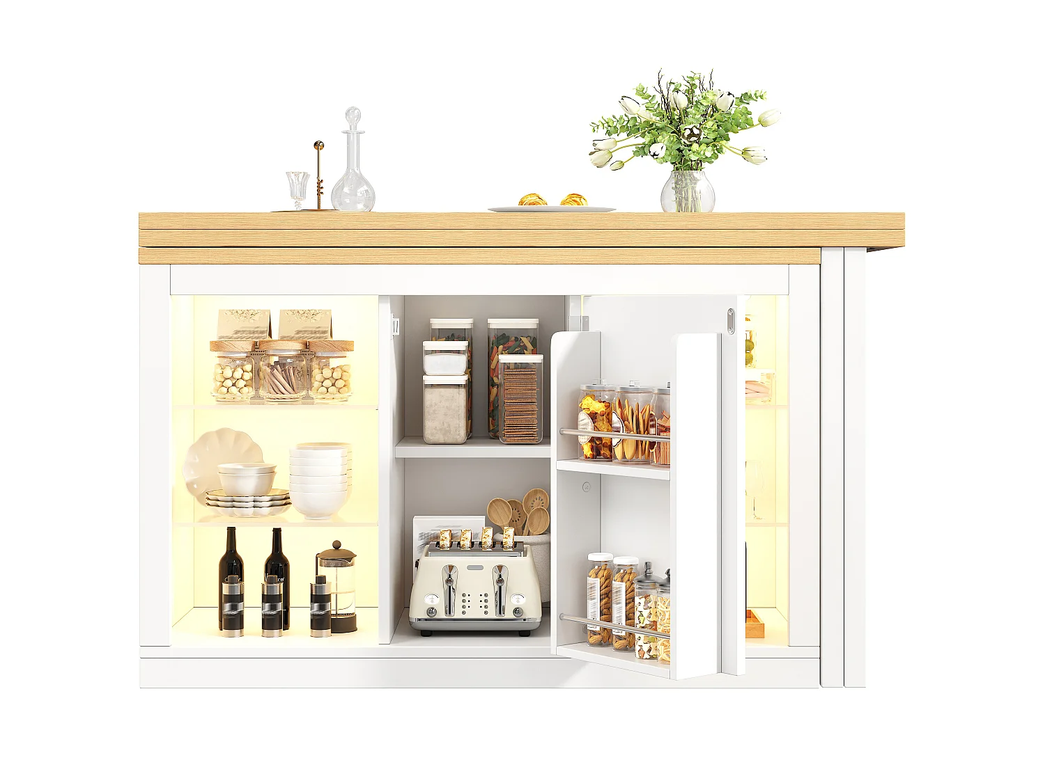 Îlot Central de Cuisine Pivotant à 360° et Extensible 120-197cm, Table de Bar avec Étagères en Verre et Éclairage LED - Blanc