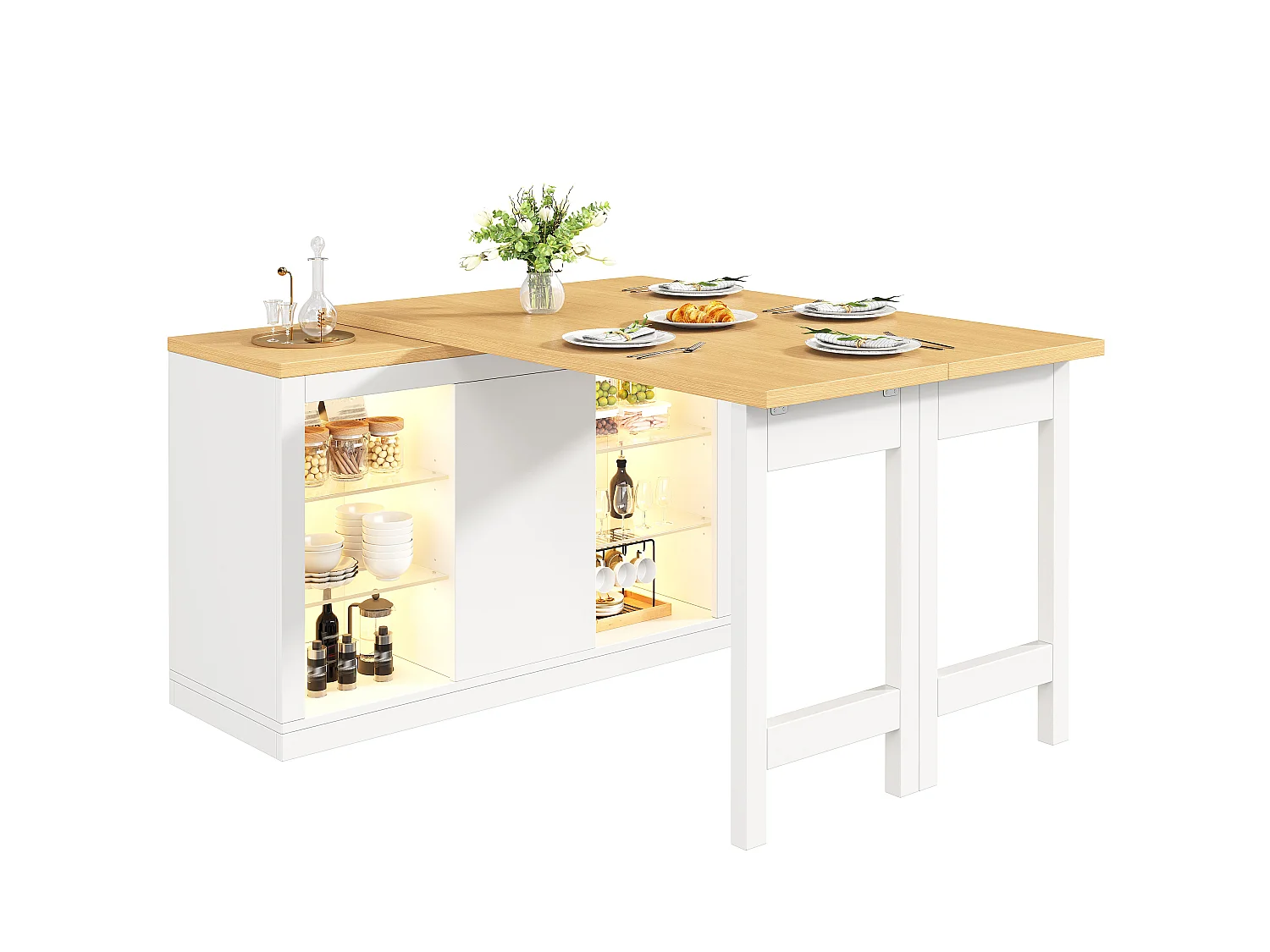 Îlot Central de Cuisine Pivotant à 360° et Extensible 120-197cm, Table de Bar avec Étagères en Verre et Éclairage LED - Blanc