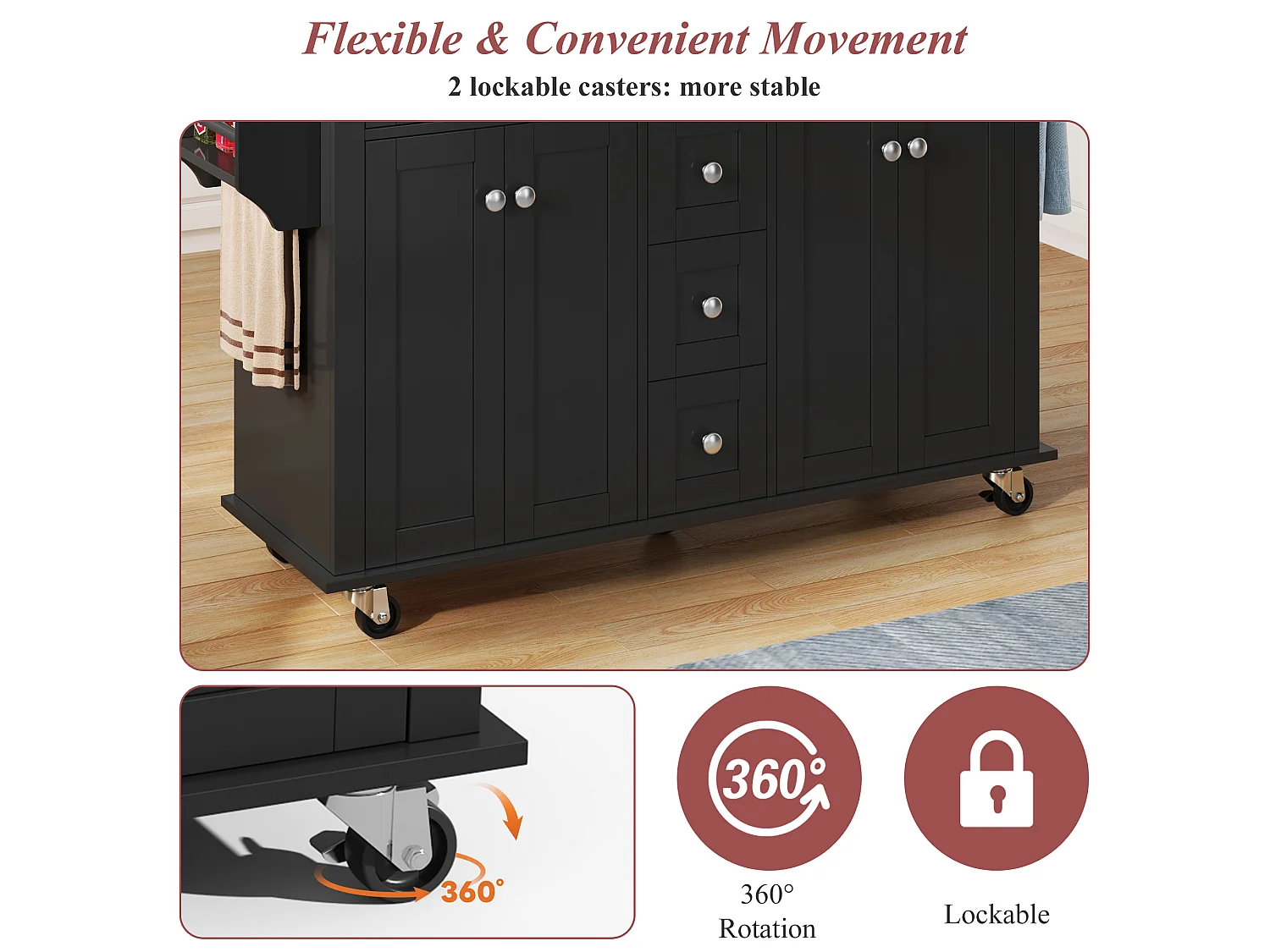 Mobile kitchen island - extendable top - 5 drawers and 4 doors - with towel rail - MDF - Black