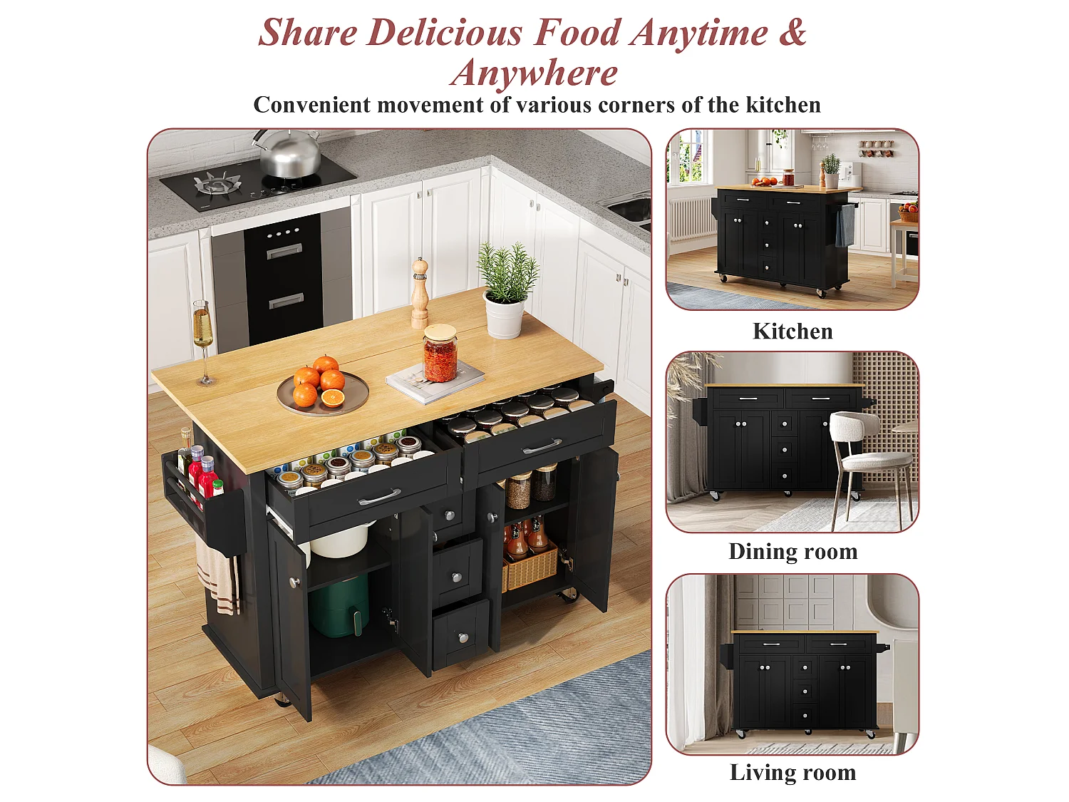Mobile kitchen island - extendable top - 5 drawers and 4 doors - with towel rail - MDF - Black