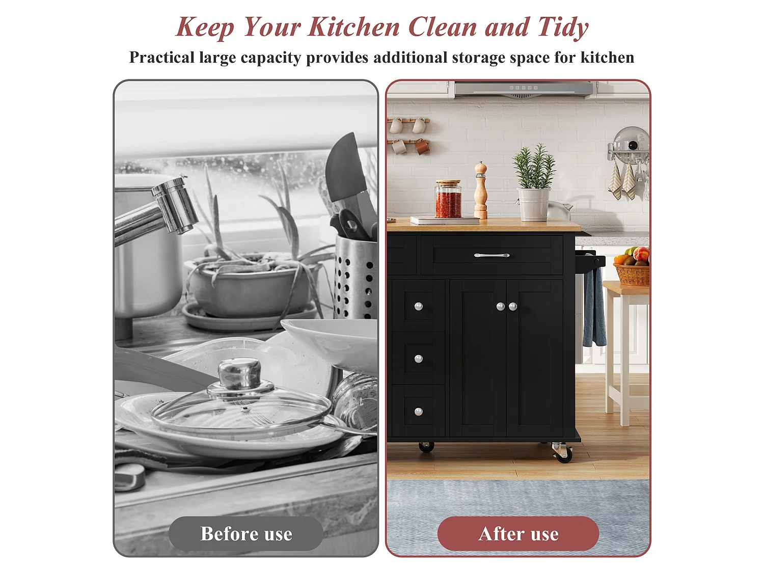 Mobile kitchen island - extendable top - 5 drawers and 4 doors - with towel rail - MDF - Black