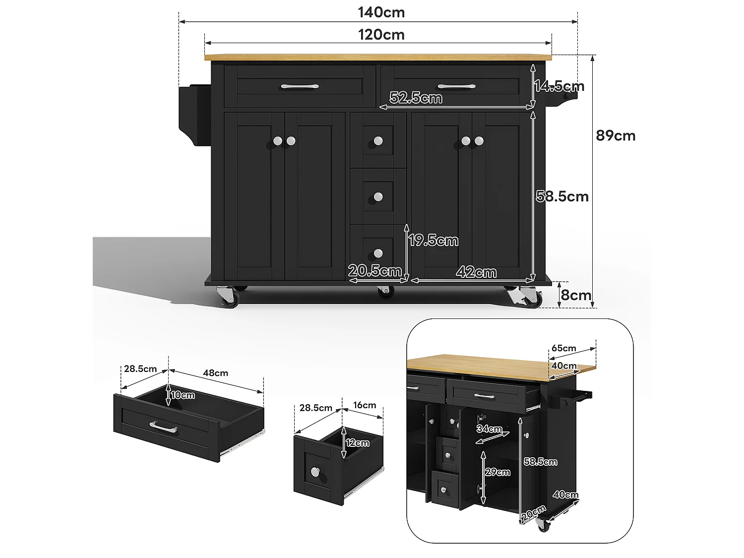 Mobile kitchen island - extendable top - 5 drawers and 4 doors - with towel rail - MDF - Black