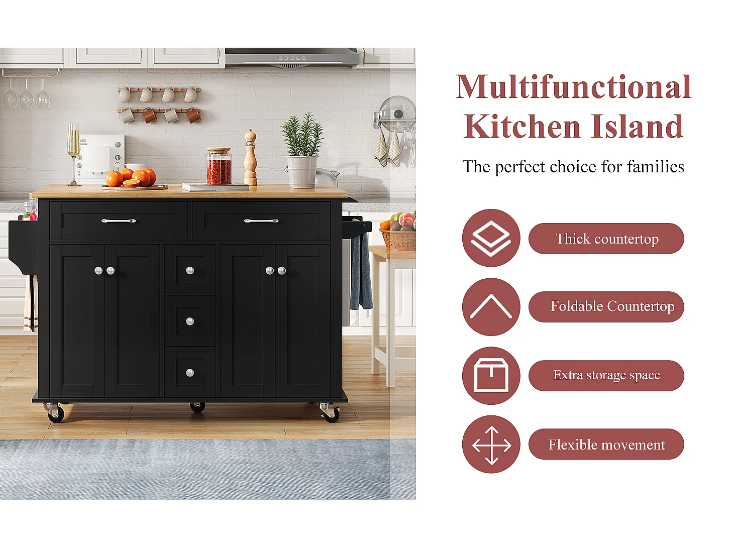 Mobile kitchen island - extendable top - 5 drawers and 4 doors - with towel rail - MDF - Black