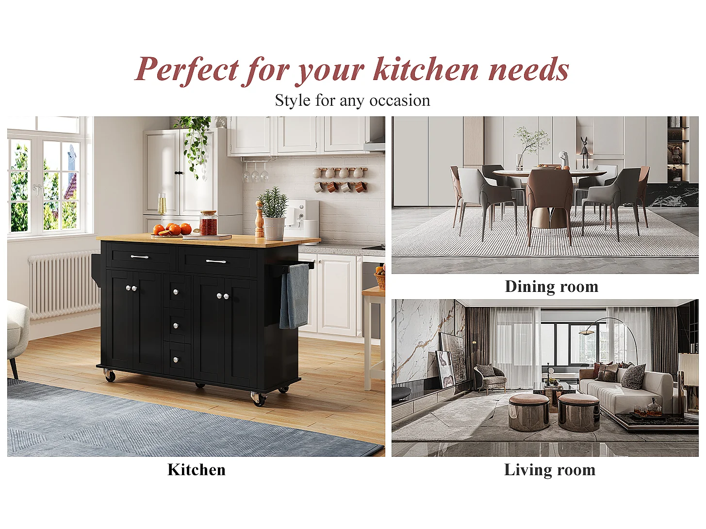 Mobile kitchen island - extendable top - 5 drawers and 4 doors - with towel rail - MDF - Black