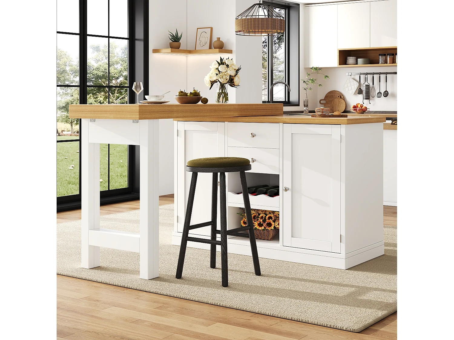Îlot Central de Cuisine Pivotante à 360° et Extensible 120-197cm - avec Range-Bouteilles et Portes Aimantées - Blanc