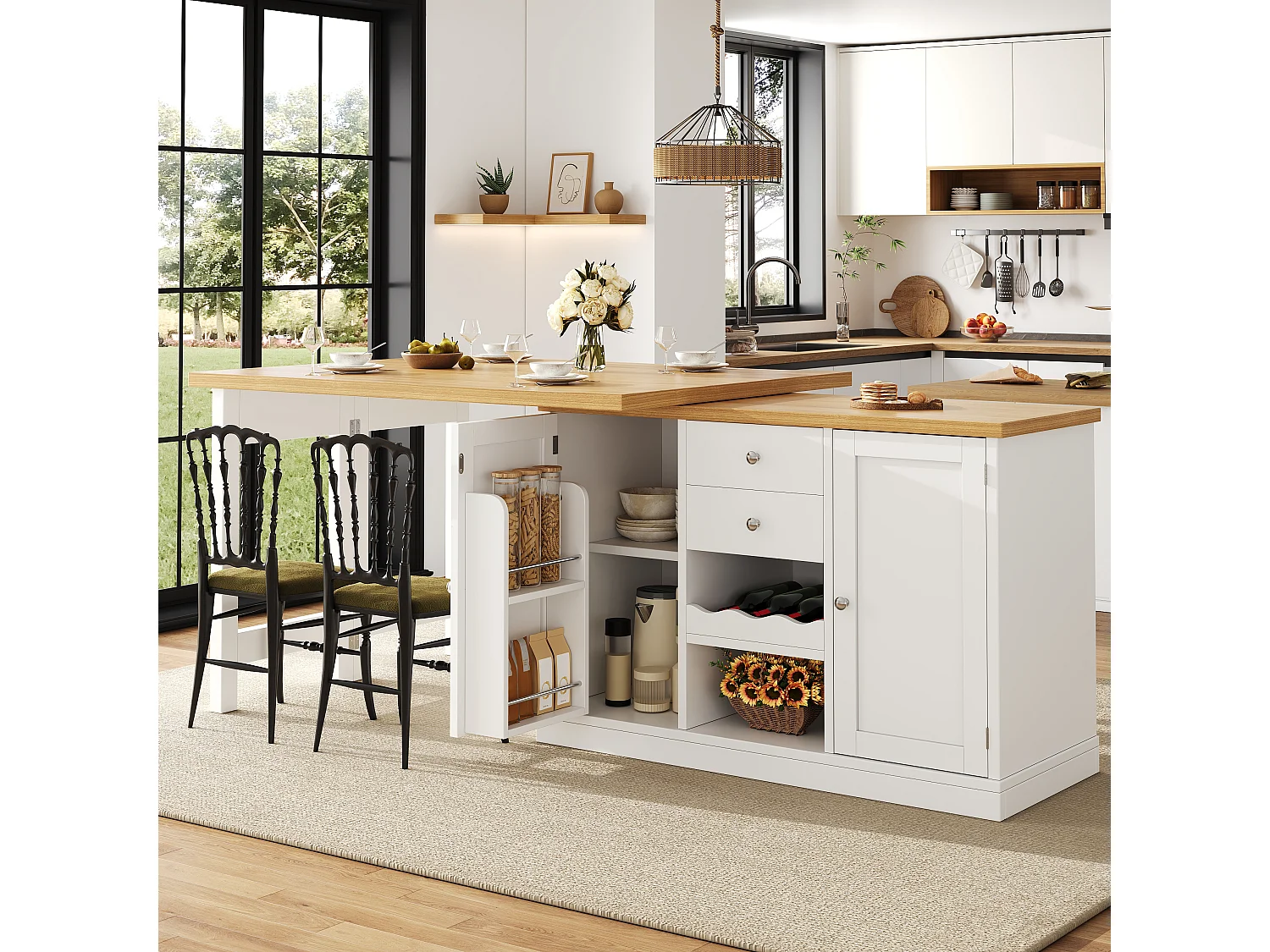 Îlot Central de Cuisine Pivotante à 360° et Extensible 120-197cm - avec Range-Bouteilles et Portes Aimantées - Blanc