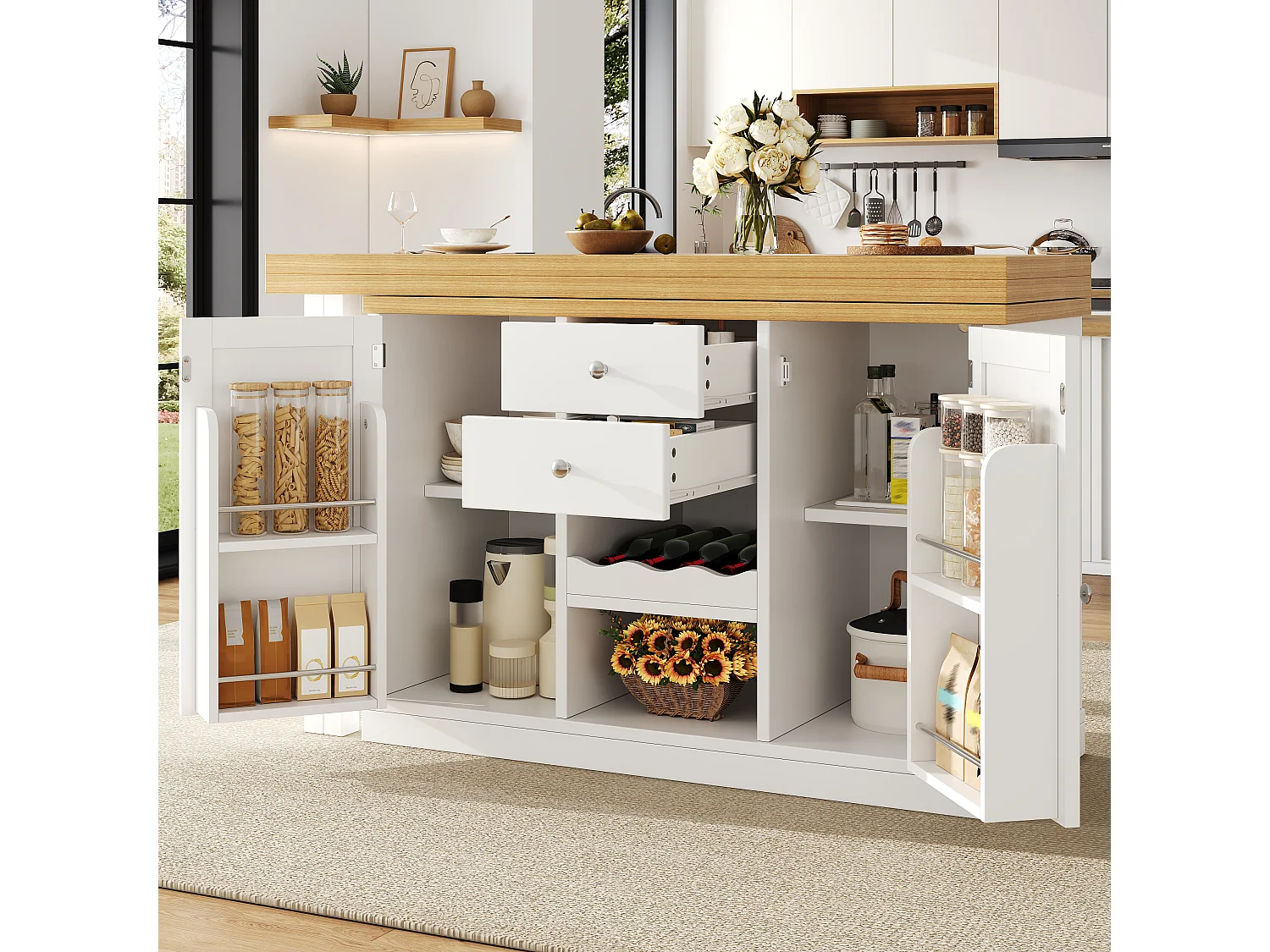 Îlot Central de Cuisine Pivotante à 360° et Extensible 120-197cm - avec Range-Bouteilles et Portes Aimantées - Blanc