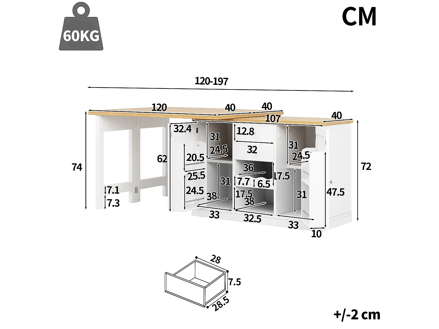 Îlot Central de Cuisine Pivotante à 360° et Extensible 120-197cm - avec Range-Bouteilles et Portes Aimantées - Blanc