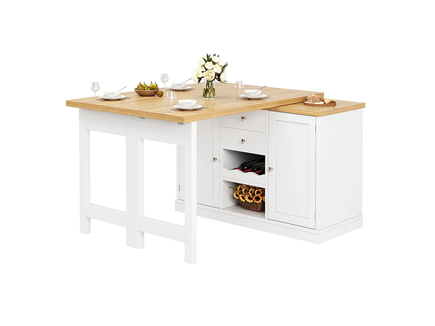 Îlot Central de Cuisine Pivotante à 360° et Extensible 120-197cm - avec Range-Bouteilles et Portes Aimantées - Blanc