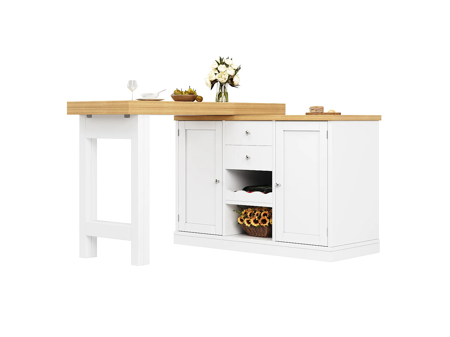 Îlot Central de Cuisine Pivotante à 360° et Extensible 120-197cm - avec Range-Bouteilles et Portes Aimantées - Blanc