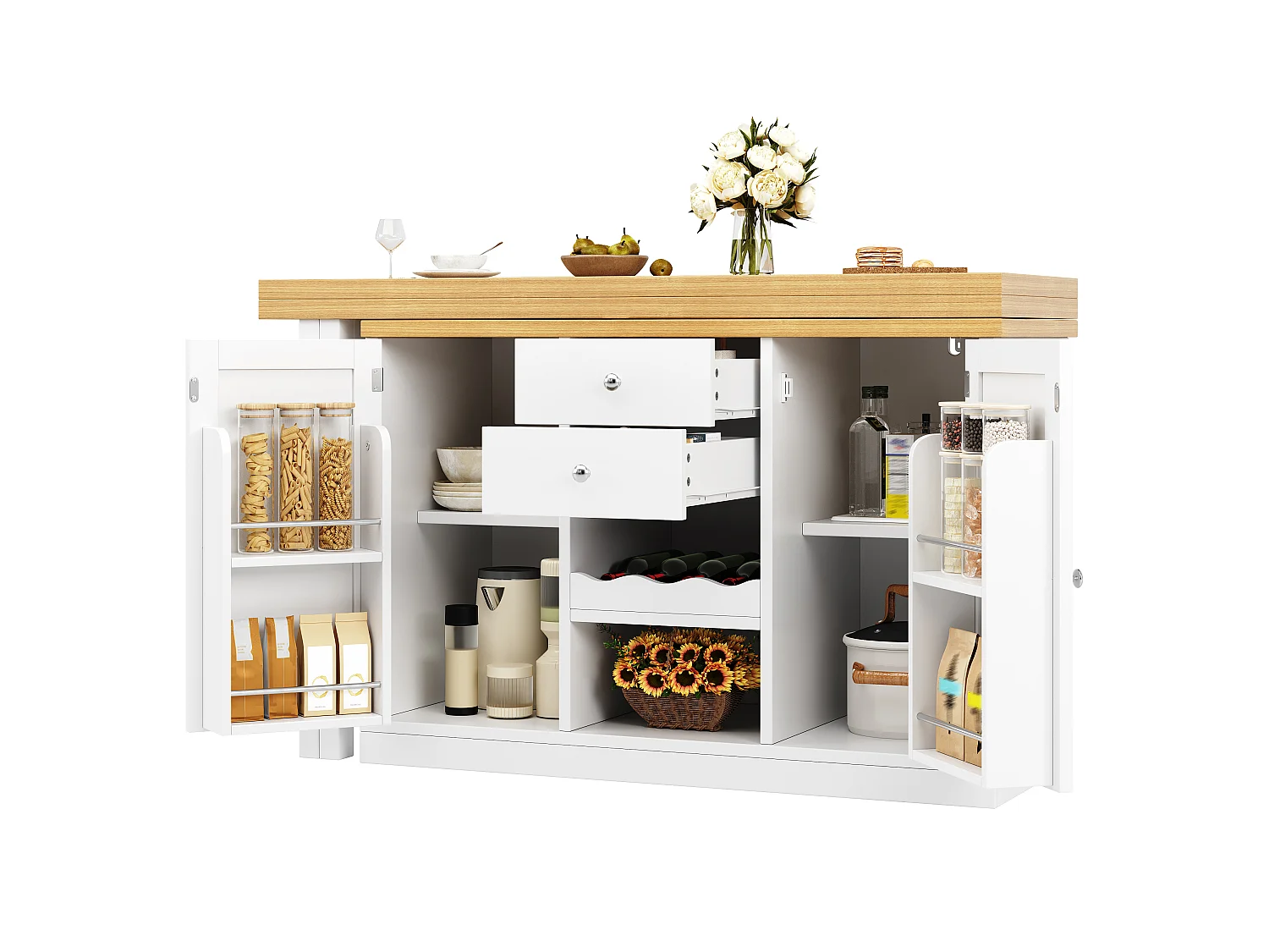 Îlot Central de Cuisine Pivotante à 360° et Extensible 120-197cm - avec Range-Bouteilles et Portes Aimantées - Blanc