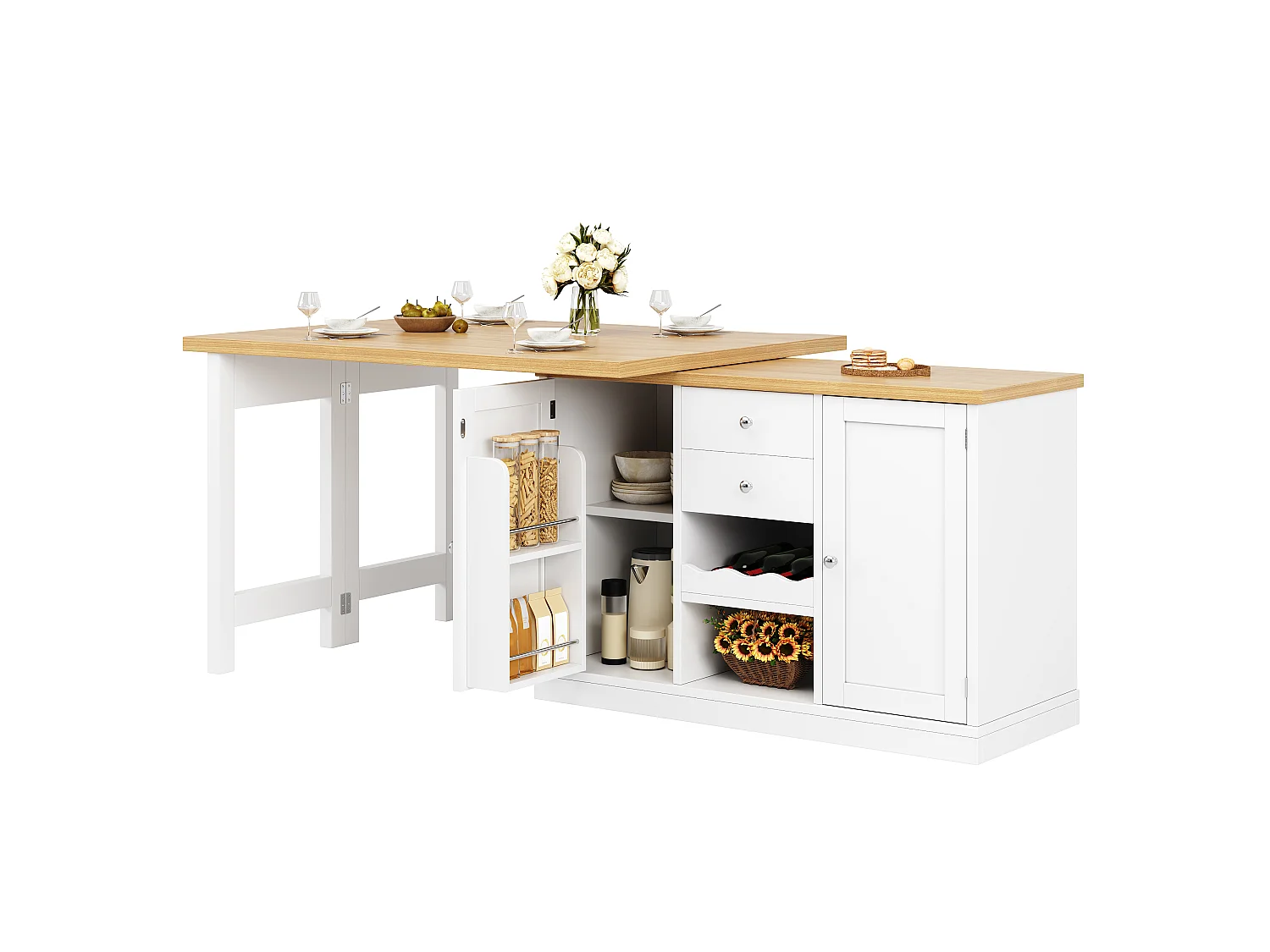 Îlot Central de Cuisine Pivotante à 360° et Extensible 120-197cm - avec Range-Bouteilles et Portes Aimantées - Blanc