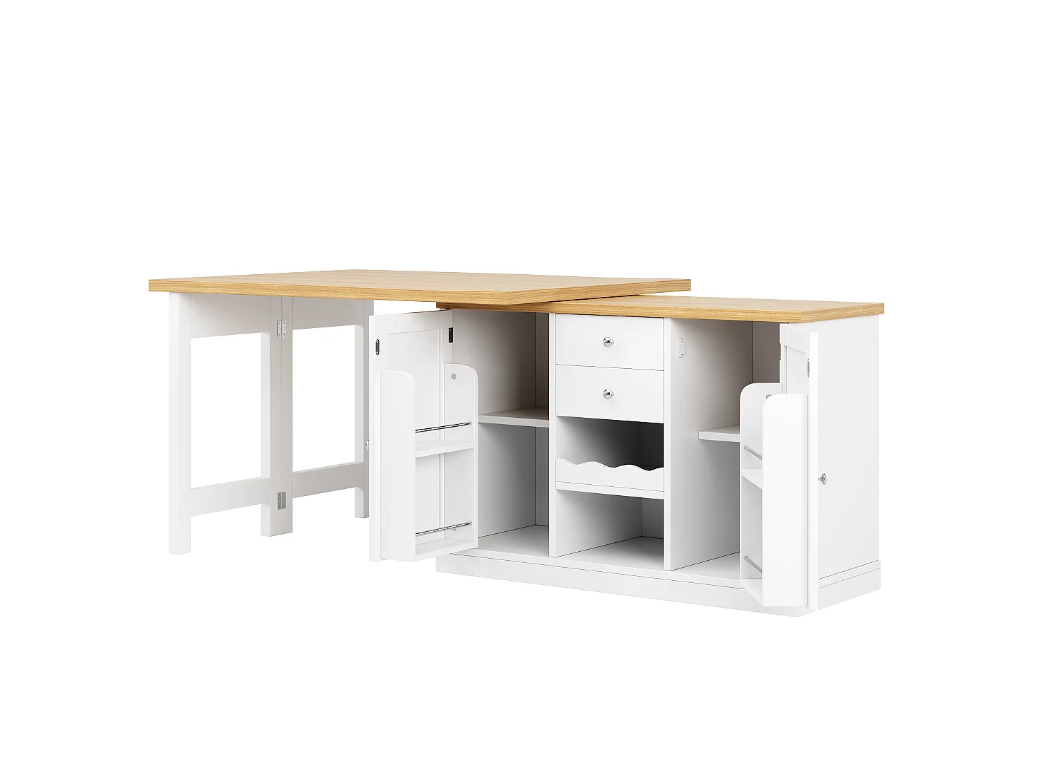Îlot Central de Cuisine Pivotante à 360° et Extensible 120-197cm - avec Range-Bouteilles et Portes Aimantées - Blanc