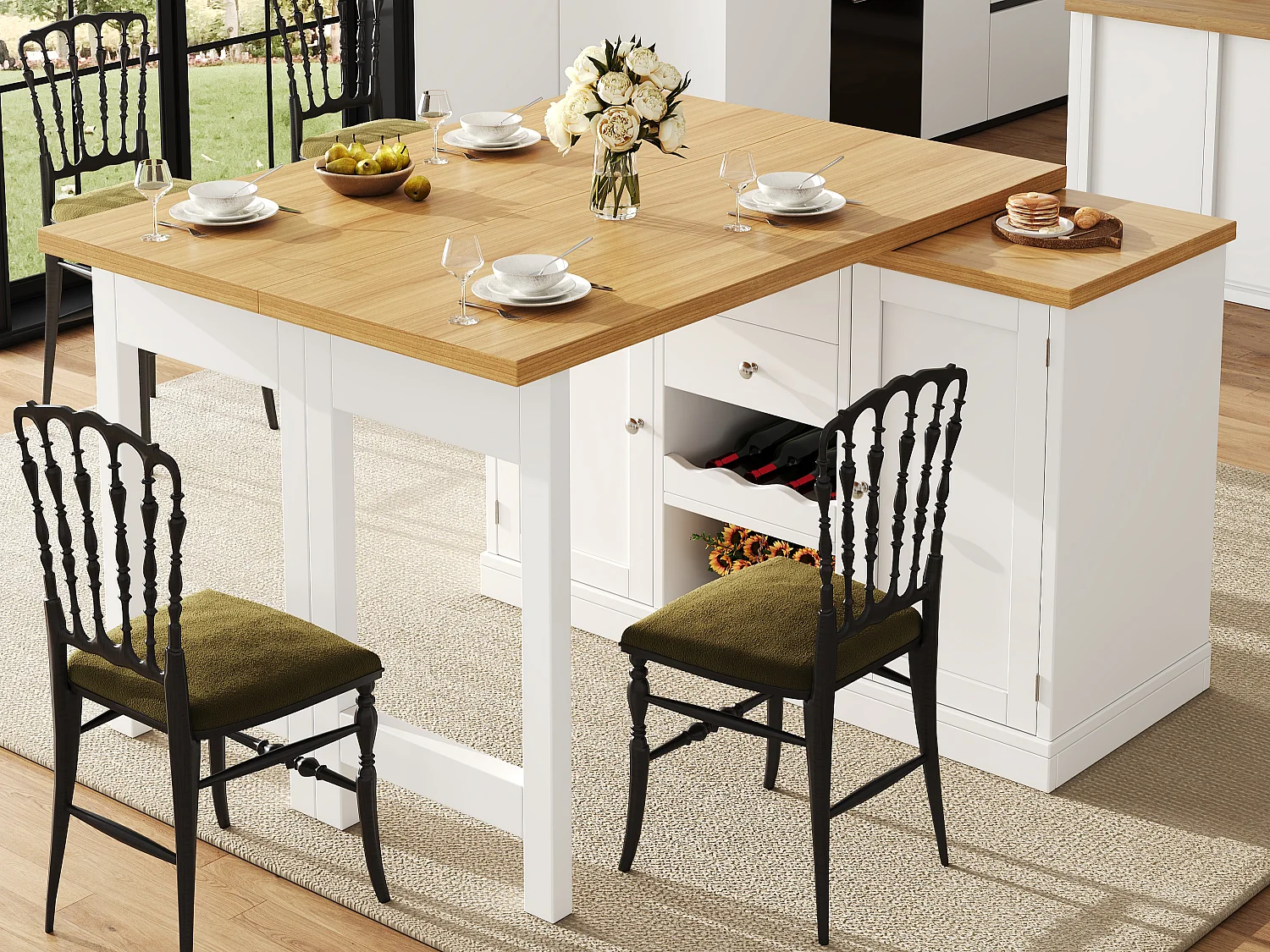 Îlot Central de Cuisine Pivotante à 360° et Extensible 120-197cm - avec Range-Bouteilles et Portes Aimantées - Blanc