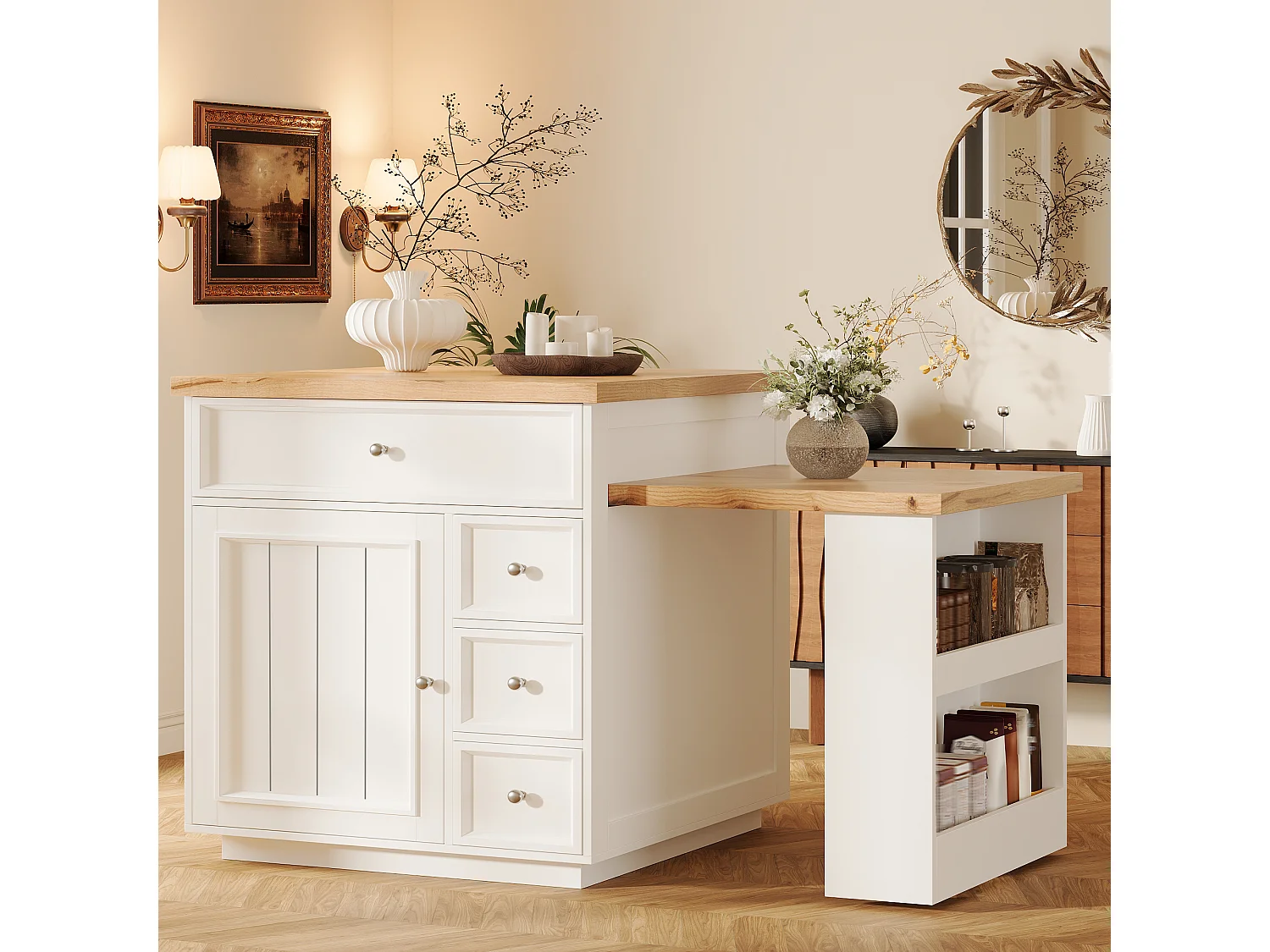 Îlot Central de Cuisine Extensible 120-184cm, Desserte Mobile avec Rangement Bi-face, 5 Tiroirs et Roulettes - Blanc