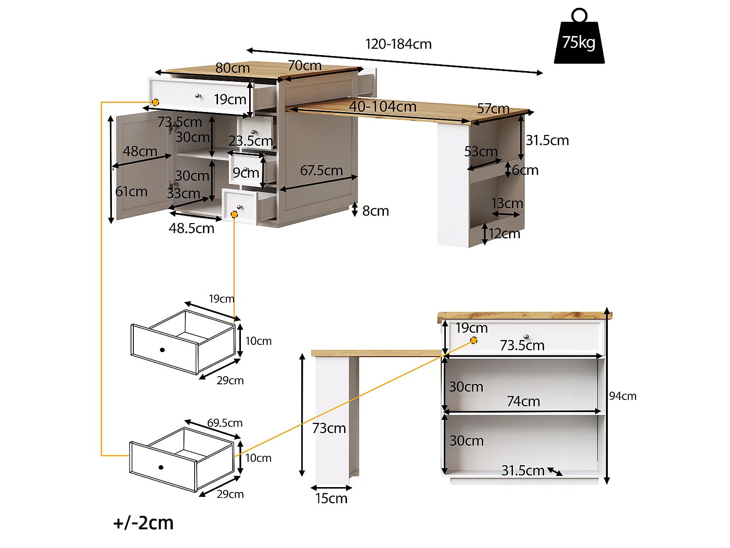 Îlot Central de Cuisine Extensible 120-184cm, Desserte Mobile avec Rangement Bi-face, 5 Tiroirs et Roulettes - Blanc