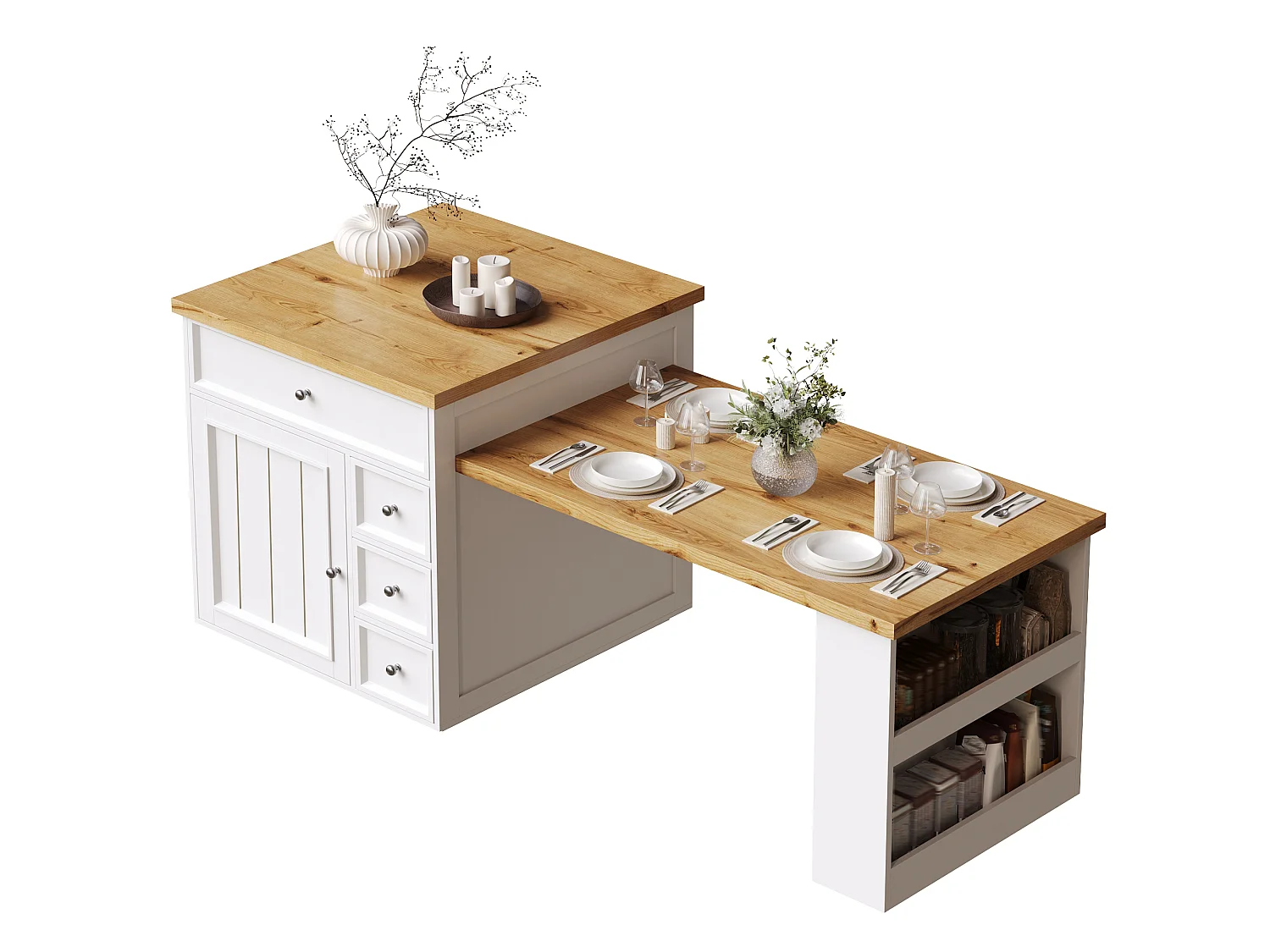 Îlot Central de Cuisine Extensible 120-184cm, Desserte Mobile avec Rangement Bi-face, 5 Tiroirs et Roulettes - Blanc