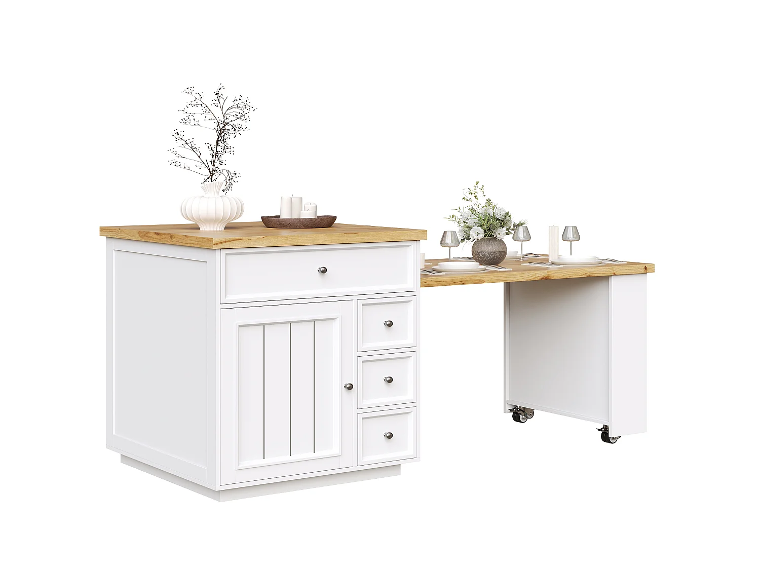 Îlot Central de Cuisine Extensible 120-184cm, Desserte Mobile avec Rangement Bi-face, 5 Tiroirs et Roulettes - Blanc