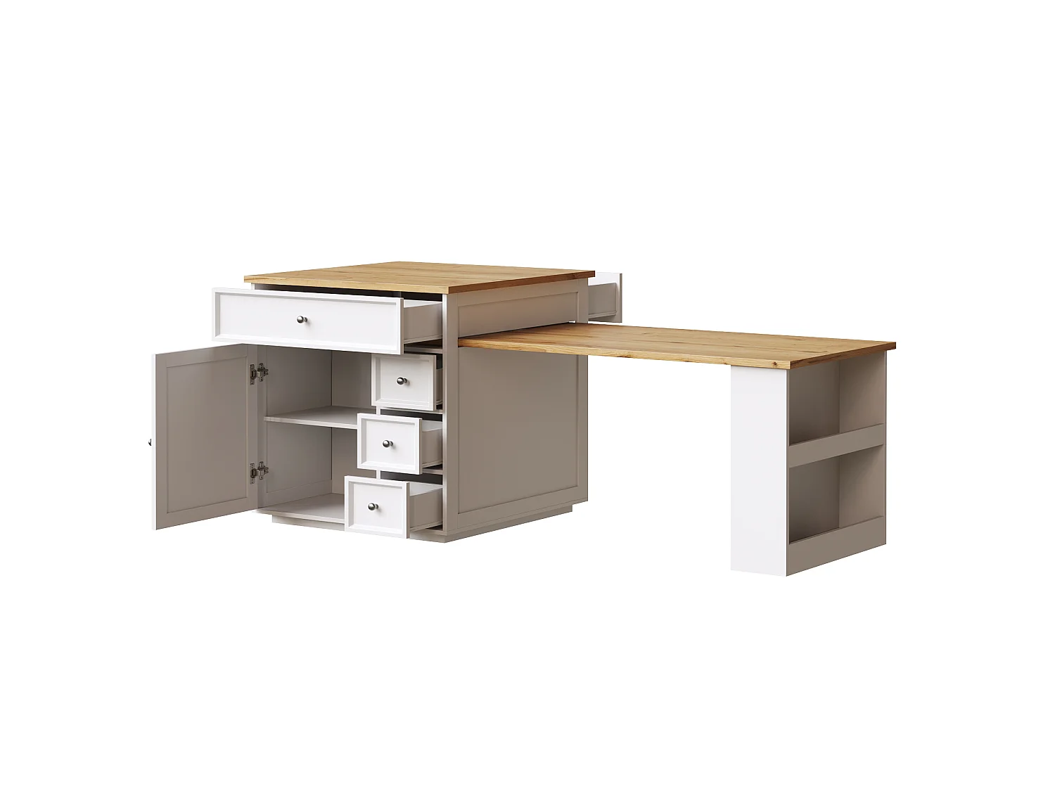 Îlot Central de Cuisine Extensible 120-184cm, Desserte Mobile avec Rangement Bi-face, 5 Tiroirs et Roulettes - Blanc
