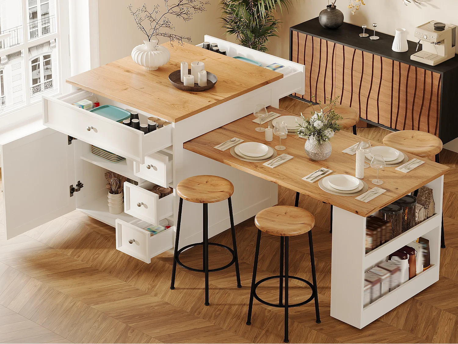 Îlot Central de Cuisine Extensible 120-184cm, Desserte Mobile avec Rangement Bi-face, 5 Tiroirs et Roulettes - Blanc