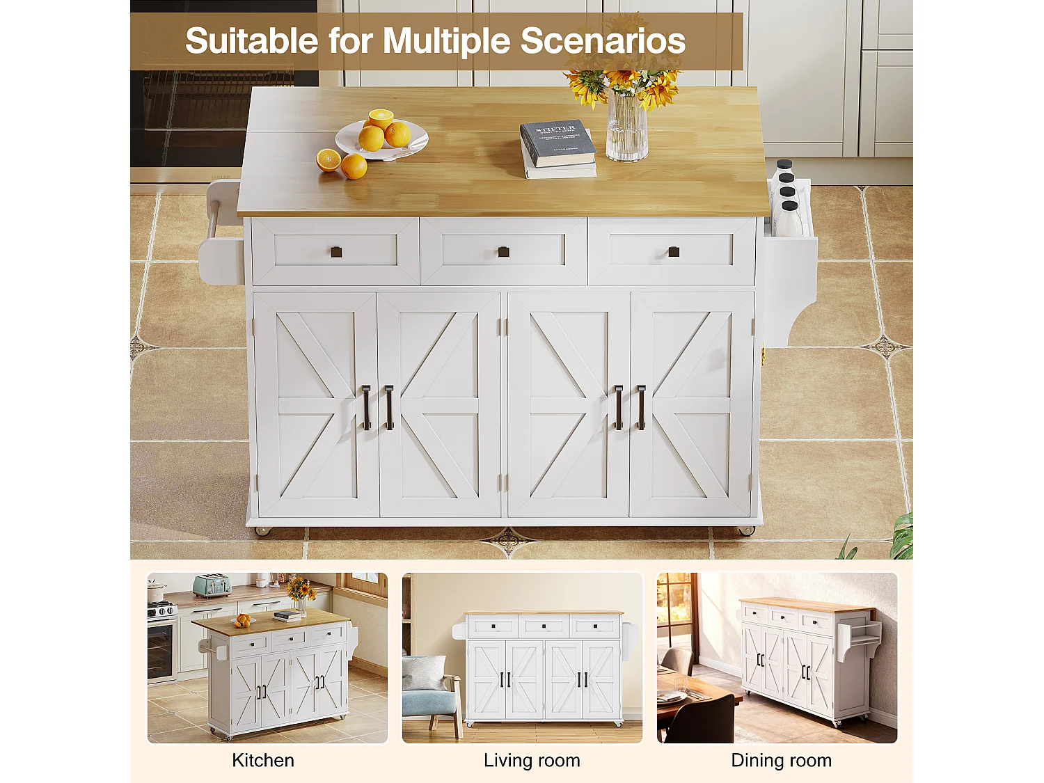 Kitchen island - folding dining table - with 5 lockable casters - with 3 drawers and 4 doors - with towel rack - White