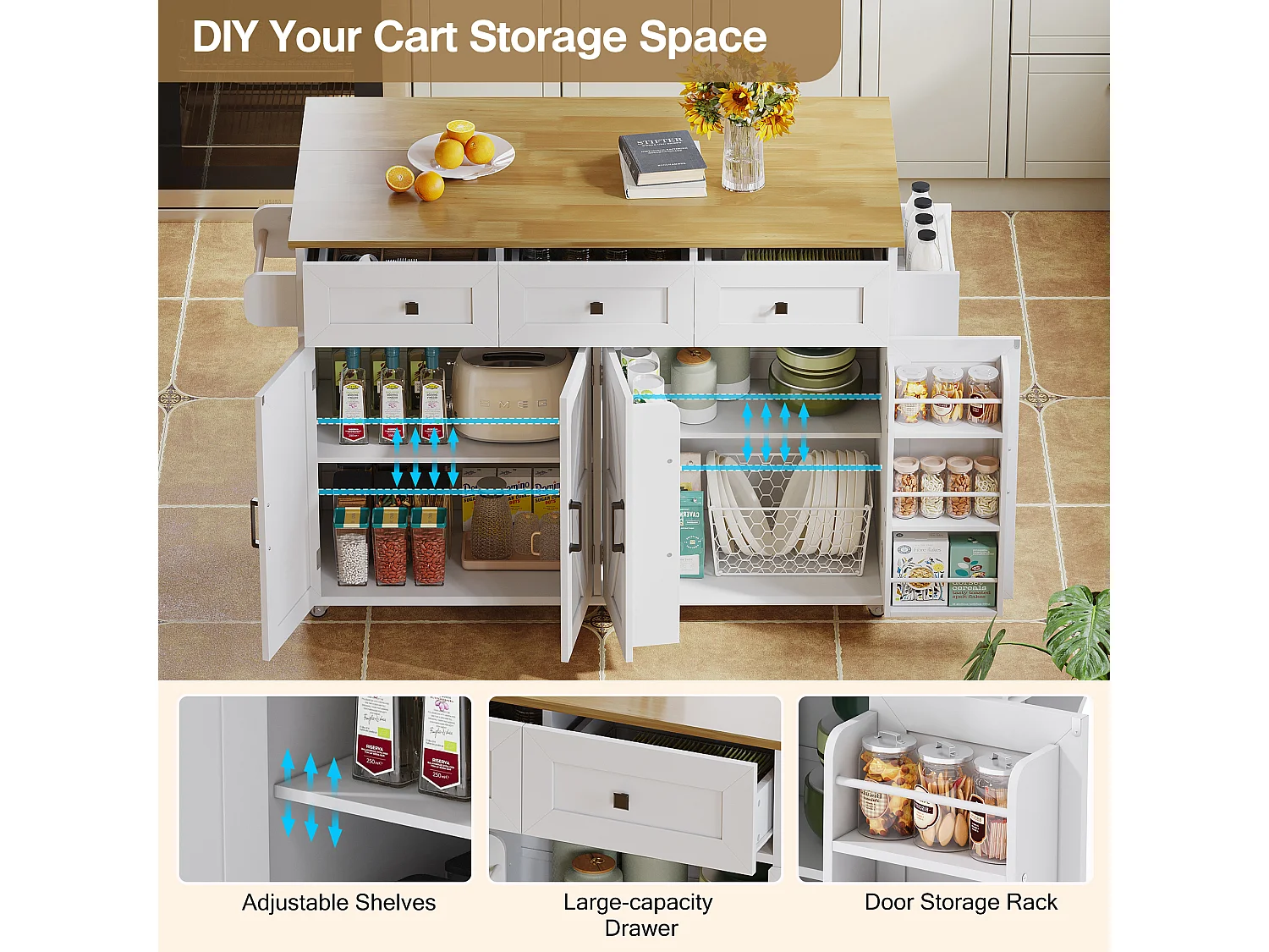 Kitchen island - folding dining table - with 5 lockable casters - with 3 drawers and 4 doors - with towel rack - White
