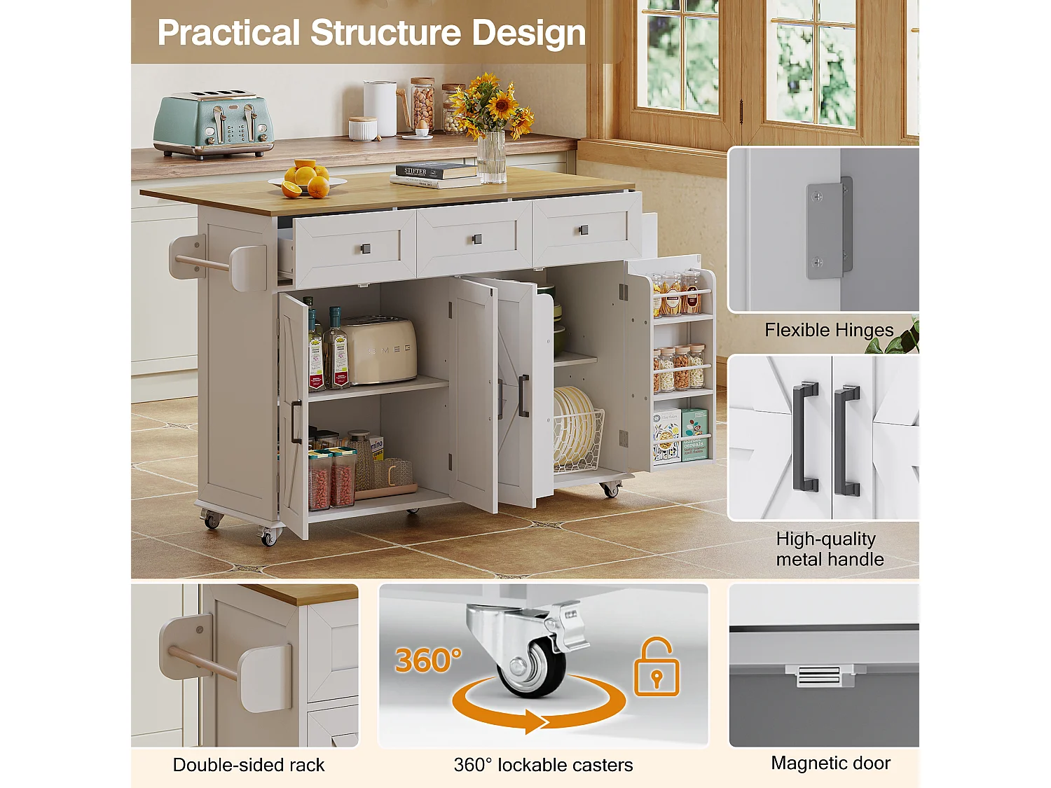Kitchen island - folding dining table - with 5 lockable casters - with 3 drawers and 4 doors - with towel rack - White