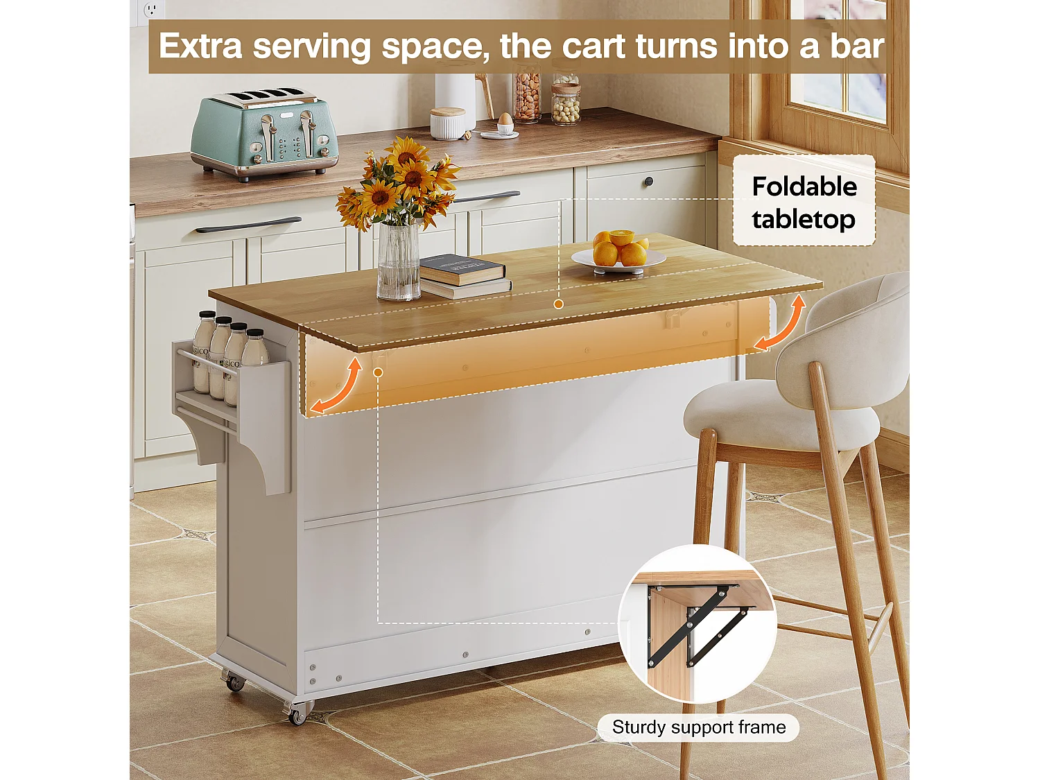 Kitchen island - folding dining table - with 5 lockable casters - with 3 drawers and 4 doors - with towel rack - White