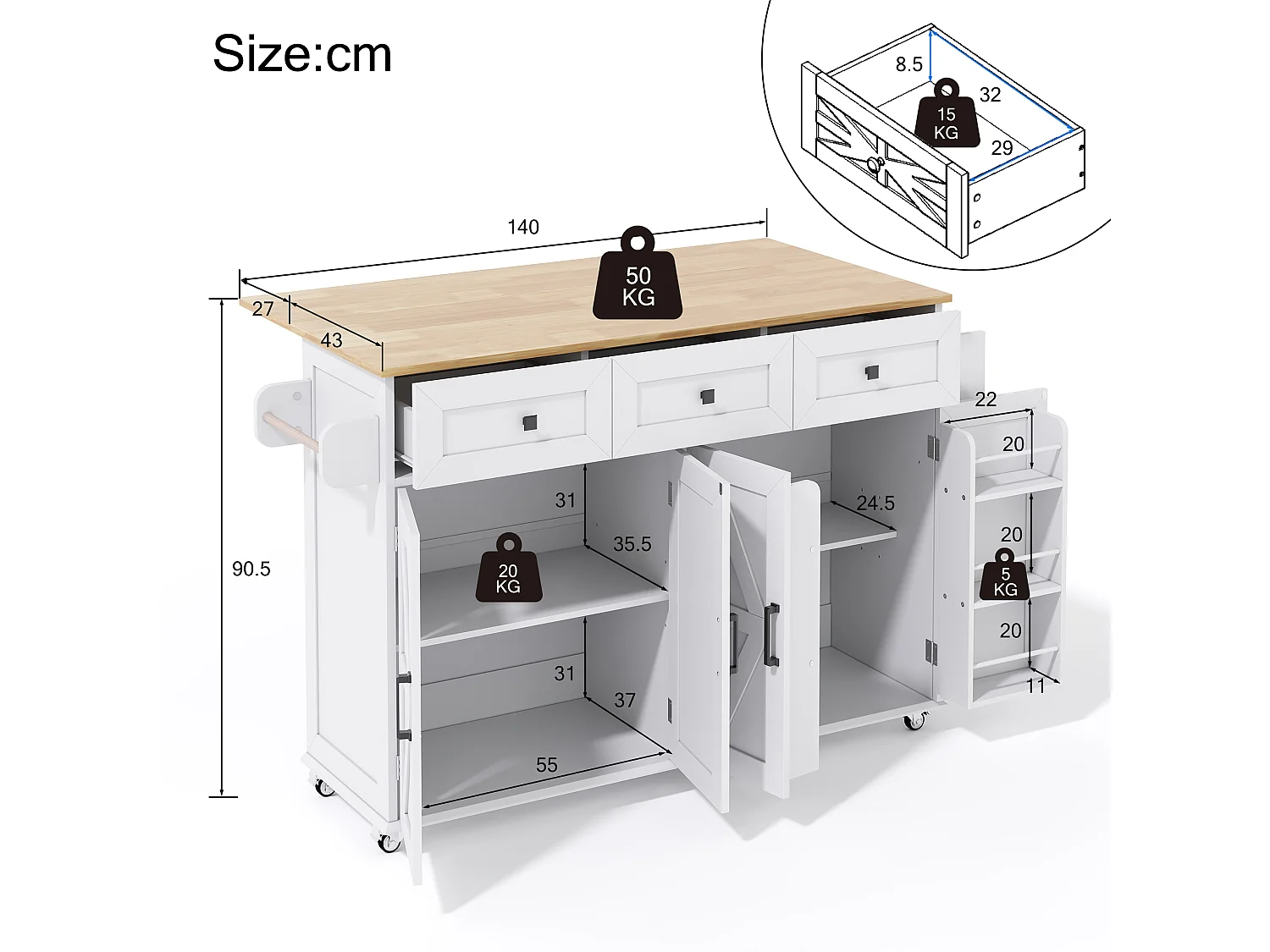 Kitchen island - folding dining table - with 5 lockable casters - with 3 drawers and 4 doors - with towel rack - White