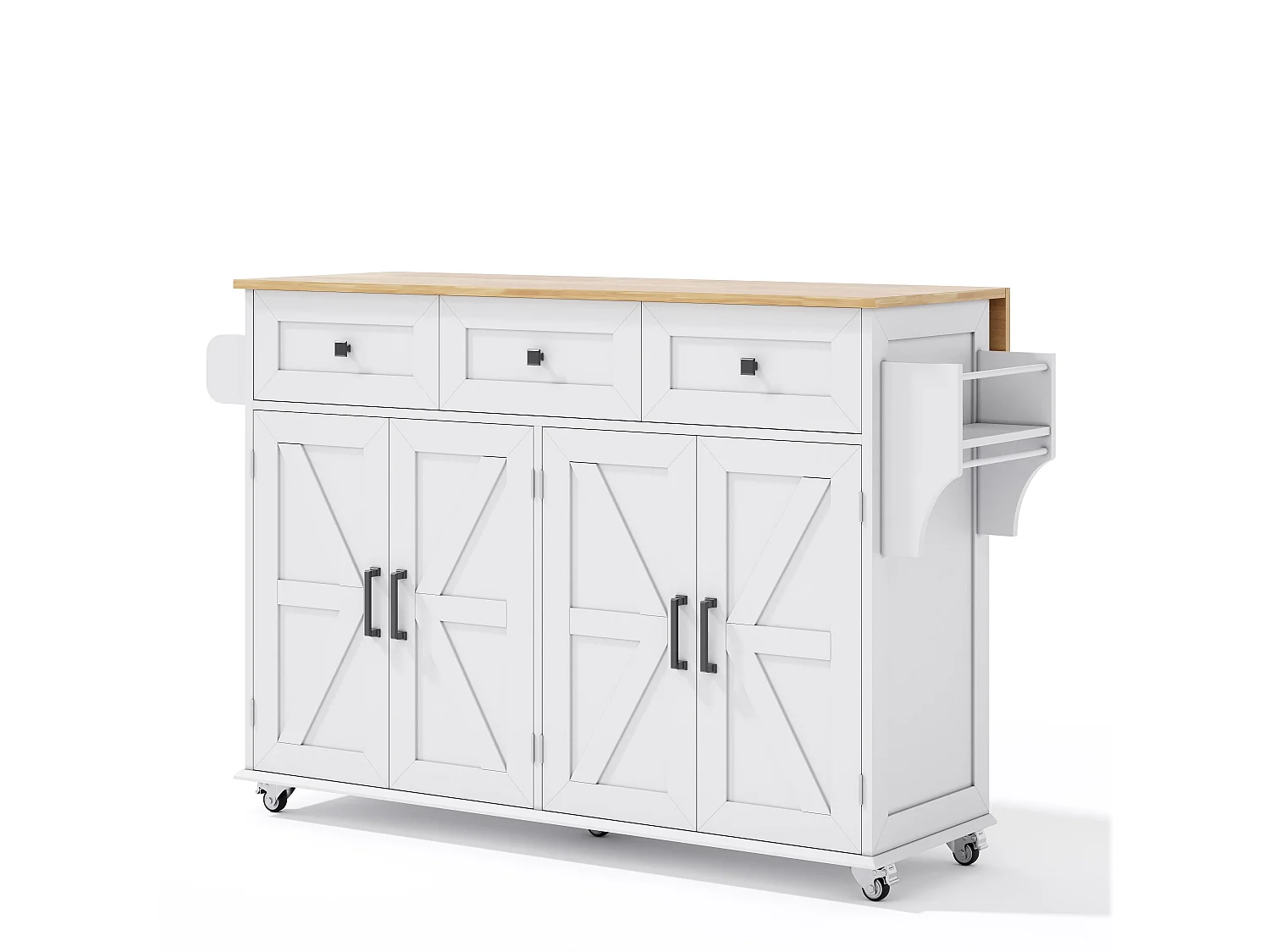 Kitchen island - folding dining table - with 5 lockable casters - with 3 drawers and 4 doors - with towel rack - White