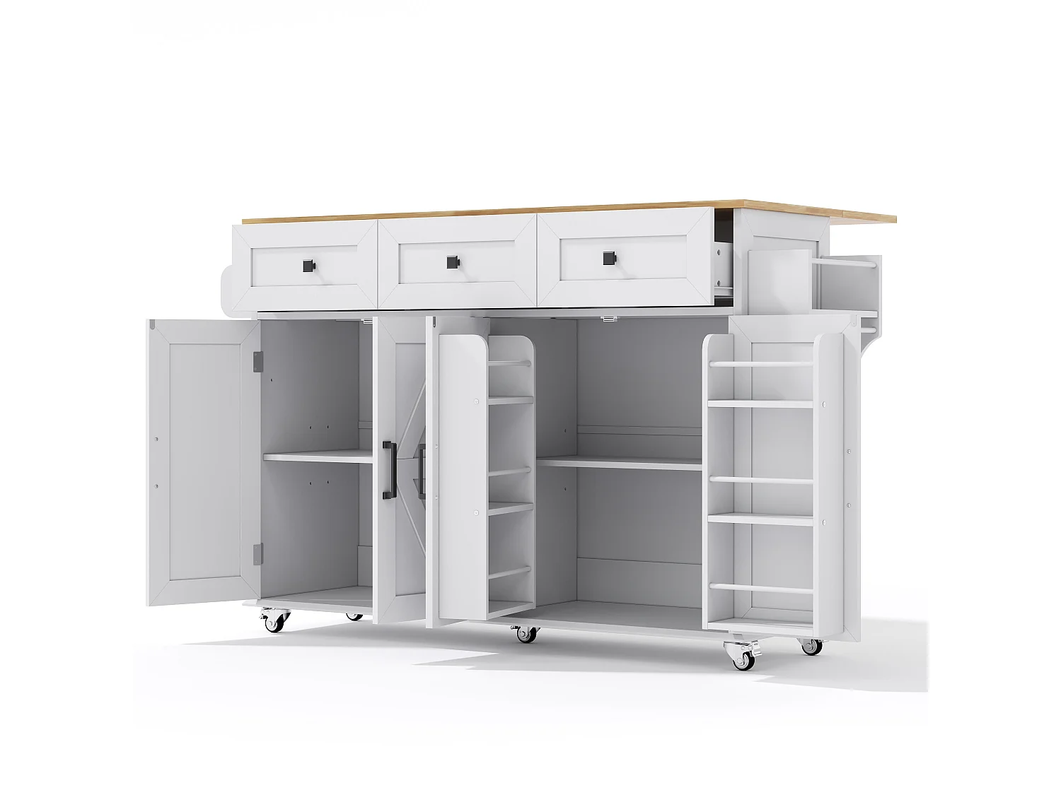 Kitchen island - folding dining table - with 5 lockable casters - with 3 drawers and 4 doors - with towel rack - White