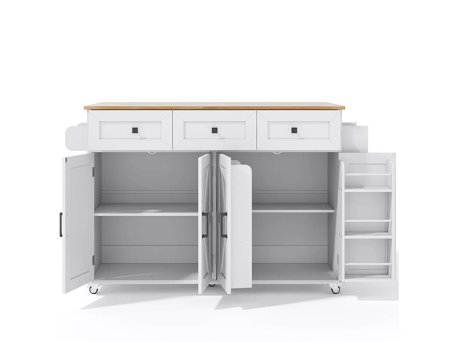 Kitchen island - folding dining table - with 5 lockable casters - with 3 drawers and 4 doors - with towel rack - White
