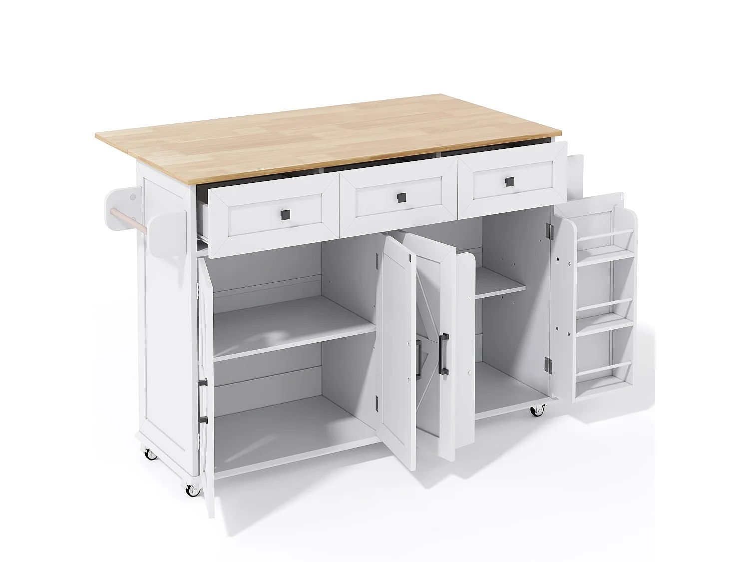 Kitchen island - folding dining table - with 5 lockable casters - with 3 drawers and 4 doors - with towel rack - White