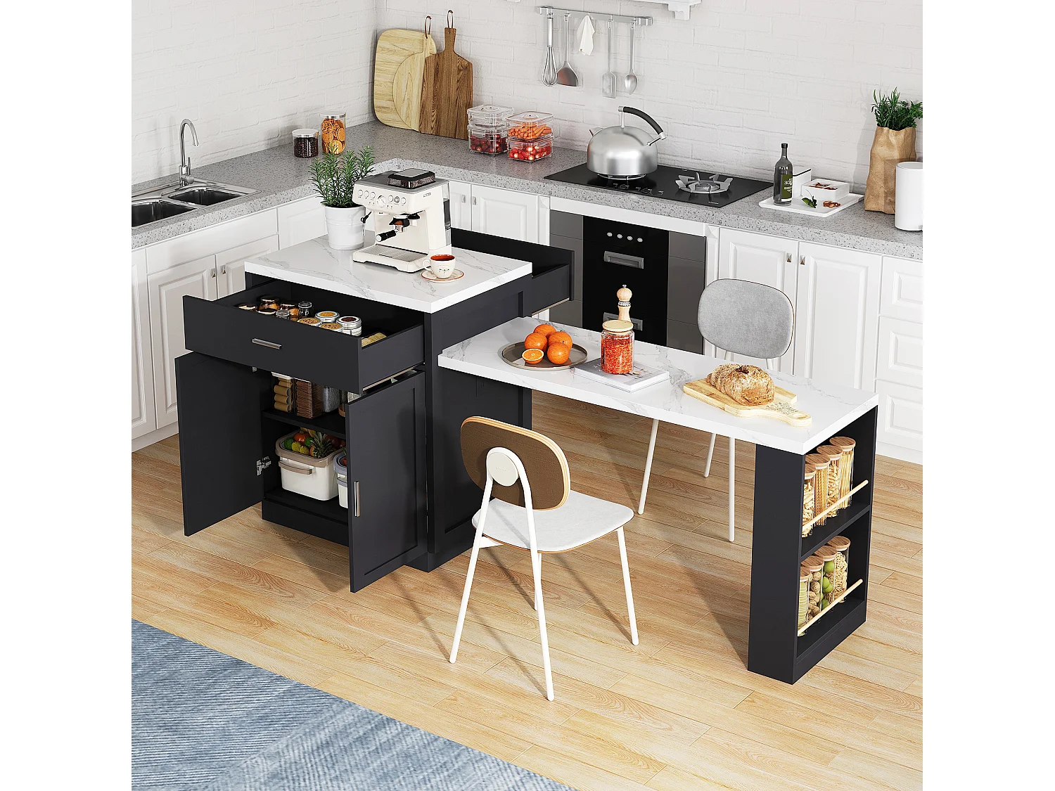 Kitchen island - with USB port - with 2 doors and 2 drawers - Extendable top - Open shelves - White + Black