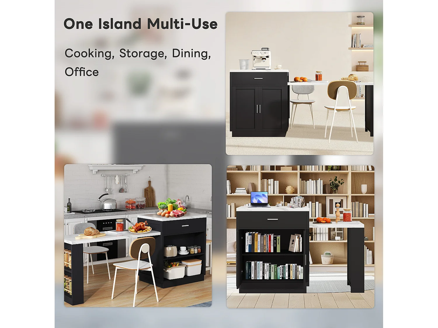 Kitchen island - with USB port - with 2 doors and 2 drawers - Extendable top - Open shelves - White + Black