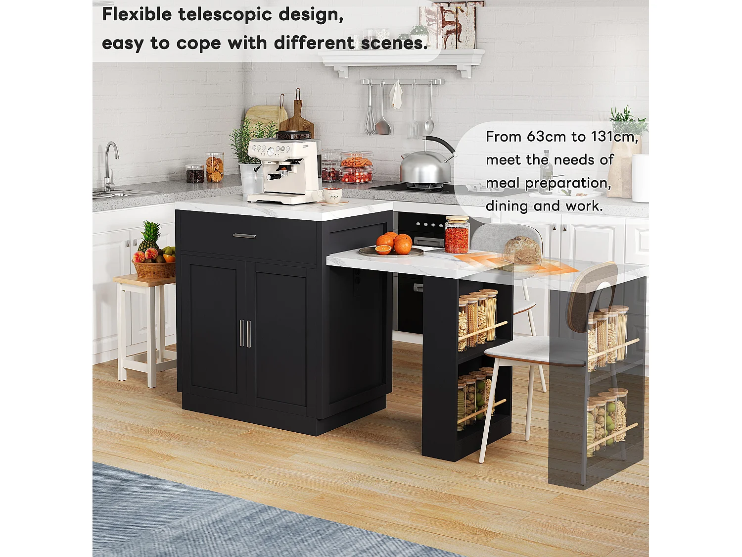 Kitchen island - with USB port - with 2 doors and 2 drawers - Extendable top - Open shelves - White + Black