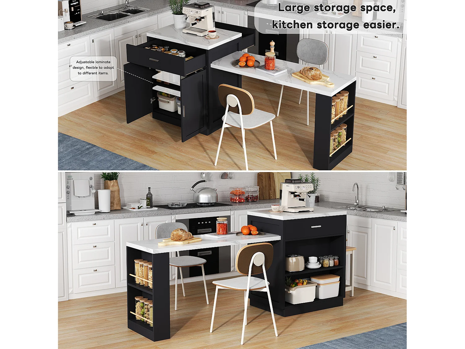 Kitchen island - with USB port - with 2 doors and 2 drawers - Extendable top - Open shelves - White + Black
