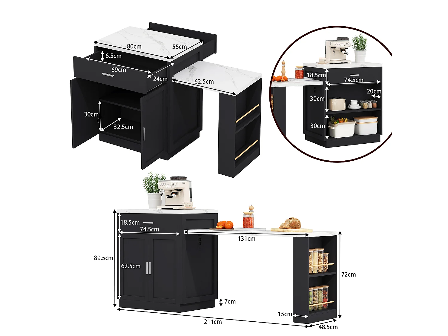 Kitchen island - with USB port - with 2 doors and 2 drawers - Extendable top - Open shelves - White + Black