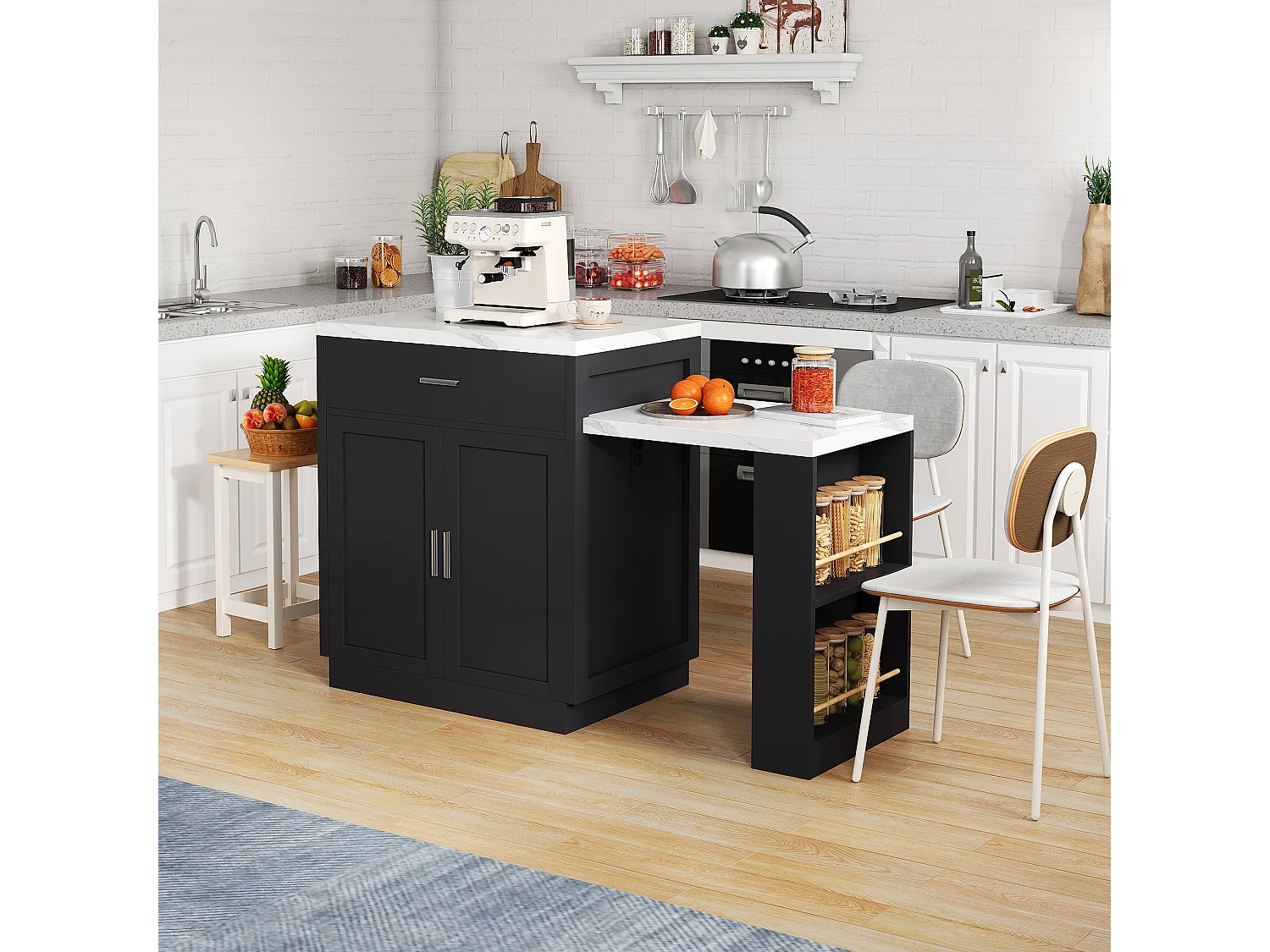 Kitchen island - with USB port - with 2 doors and 2 drawers - Extendable top - Open shelves - White + Black